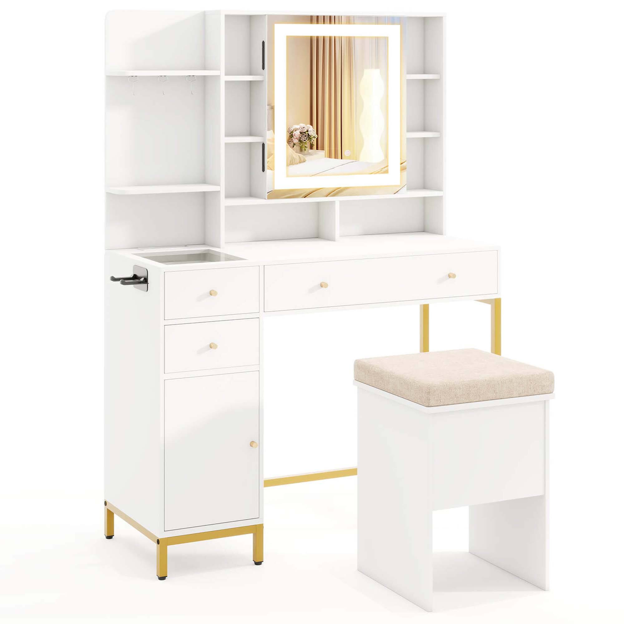 Alt View 8. Costway - Costway Makeup Vanity Desk with Lighted Mirror Charging Station 3-Color LED Lights - White.