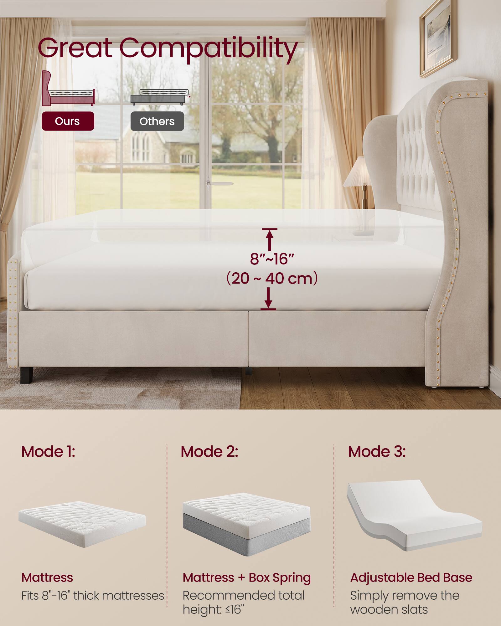 Great Compatibility

Ours Others
8"~16" (20 ~ 40 cm)

Mode 1: Mattress
Fits 8"-16" thick mattresses

Mode 2: Mattress + Box Spring
Recommended total height: <16"

Mode 3: Adjustable Bed Base
Simply remove the wooden slats