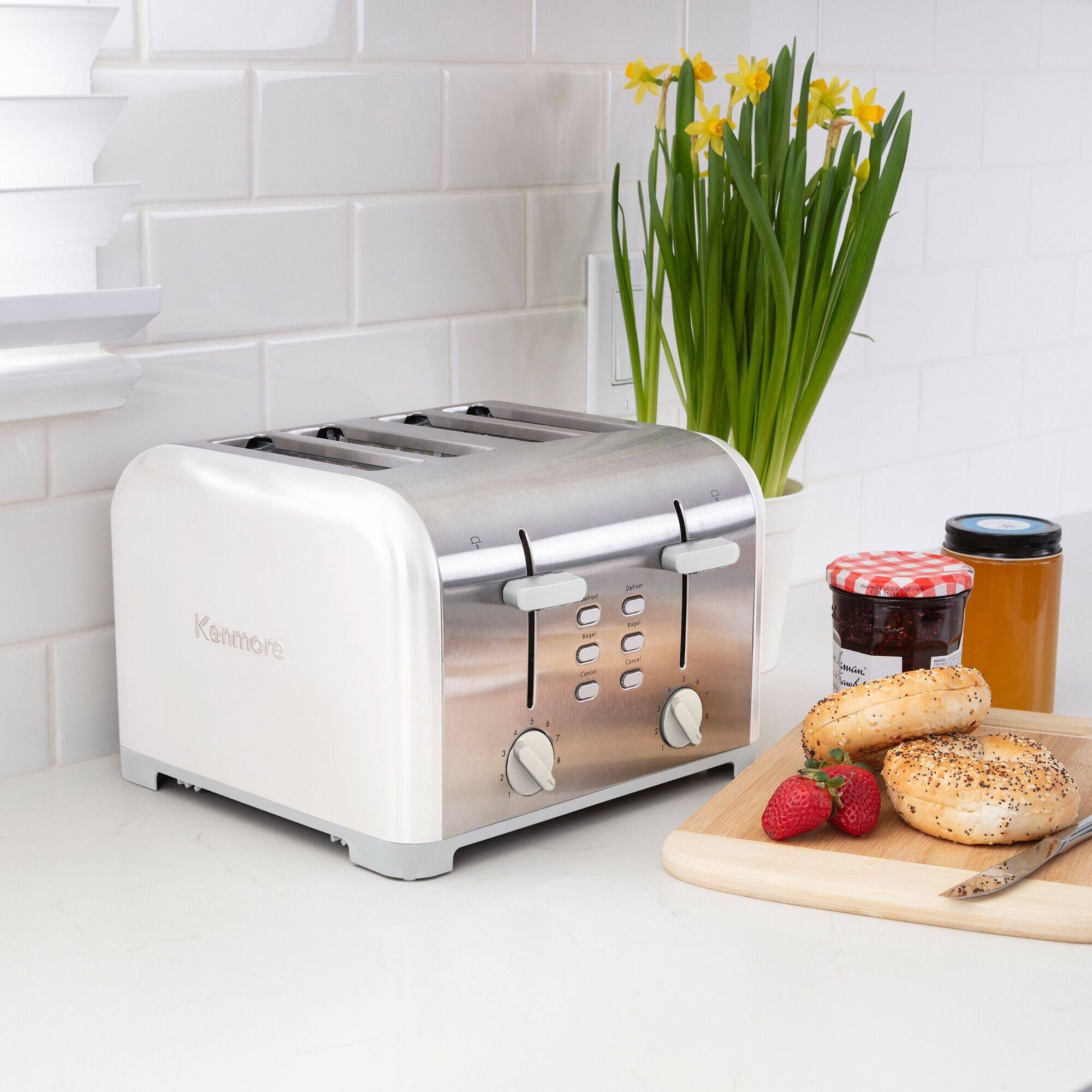 Angle. Kenmore - 4-Slice White Stainless Steel Toaster, Dual Controls, Wide Slot - White.