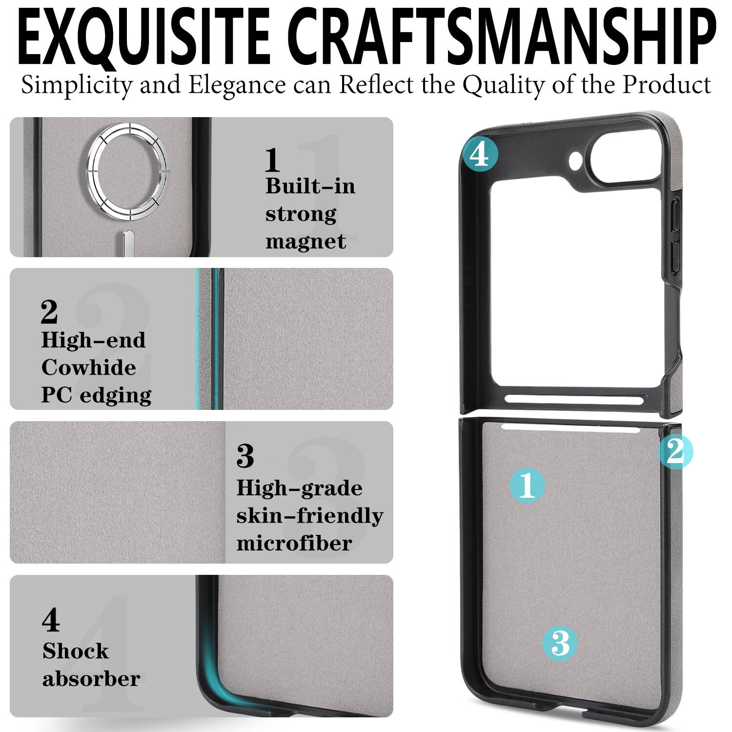 EXQUISITE CRAFTSMANSHIP  
Simplicity and Elegance can Reflect the Quality of the Product

1. Built-in strong magnet  
2. High-end Cowhide PC edging  
3. High-grade skin-friendly microfiber  
4. Shock absorber