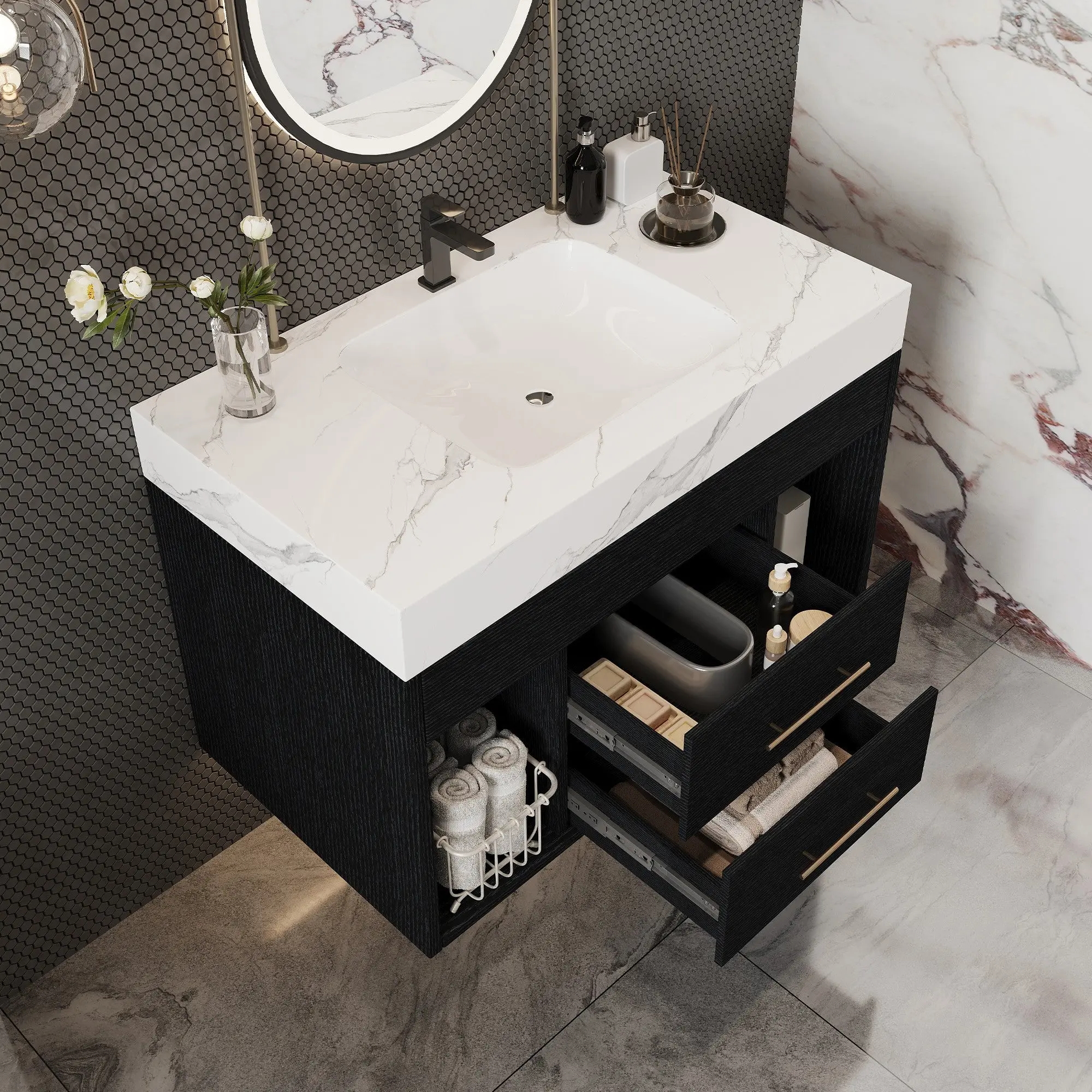 Alt View 2. Boyel Living - 29.9 In Wall-Mounted Vanity Sintered Stone Top Ceramic Undermount Sink Small Baths - Black.
