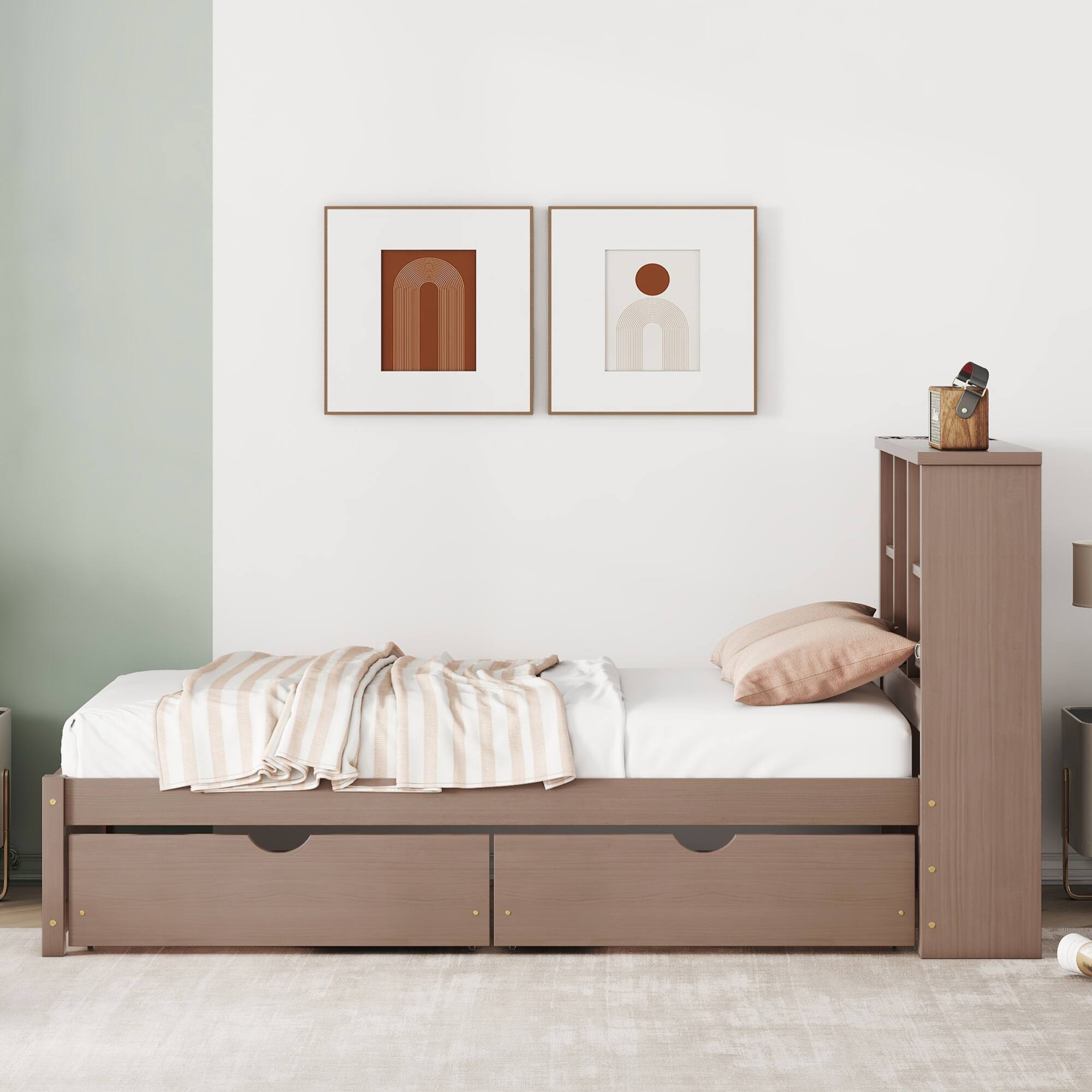 Back. GOODSILO - Contemporary Twin Size Bed Frame with USB Charging Port, Bookcase Headboard, and Underbed Storage Drawers - Walnut.