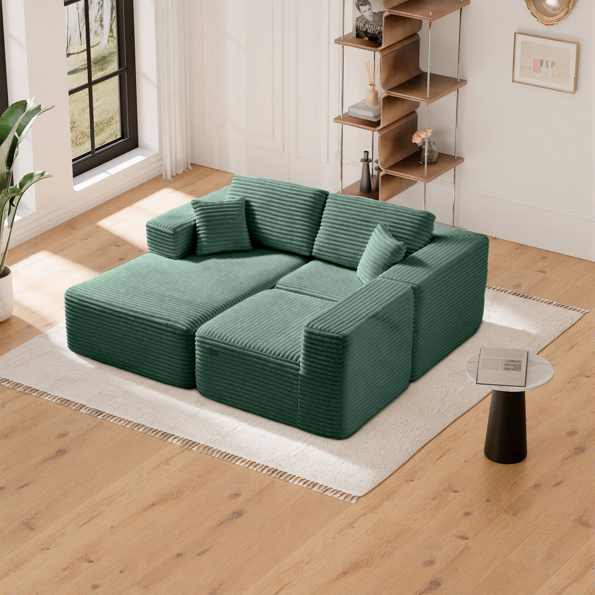 Alt View 2. PexFix - 104" Wide Ribbed Velvet L-Shaped Sectional Sofa, Modular Couch with Chaise and Comfort Foam - Green.
