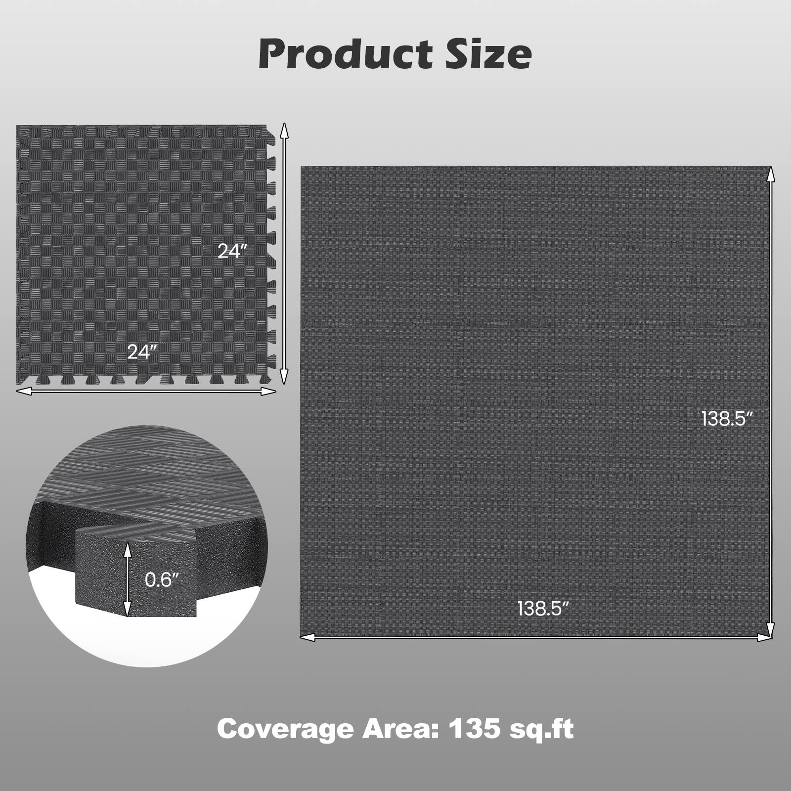 Product Size  
24" x 24"  
138.5" x 138.5"  
Thickness: 0.6"  
Coverage Area: 135 sq.ft