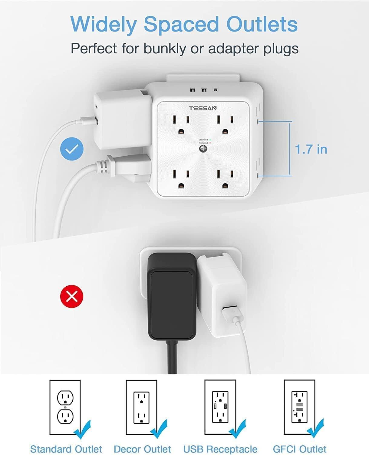 Widely Spaced Outlets  
Perfect for bulky or adapter plugs  

1.7 in  

Standard Outlet  
Decor Outlet  
USB Receptacle  
GFCI Outlet