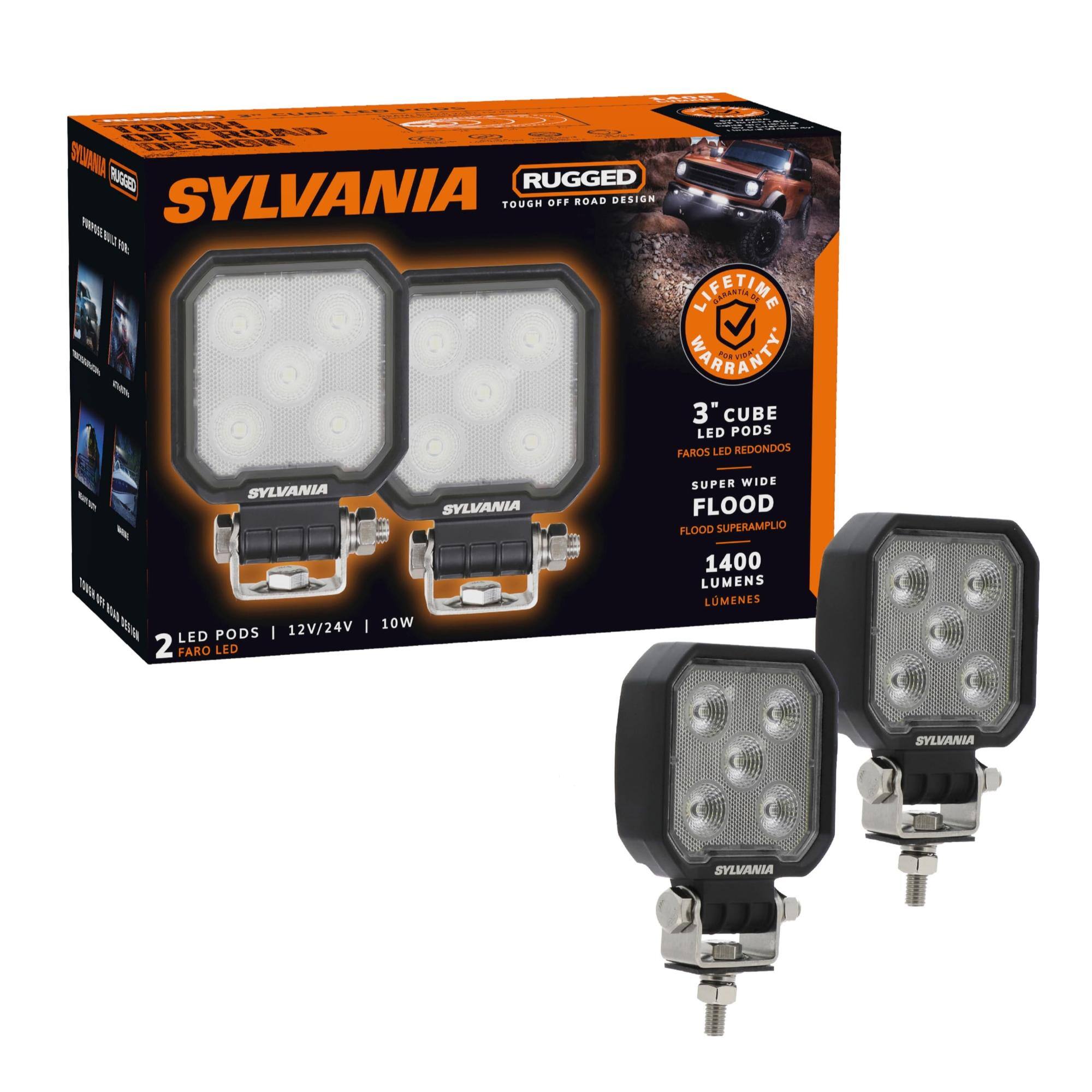 SYLVANIA RUGGED OFF ROAD DESIGN  
LIFETIME WARRANTY  
3" CUBE LED PODS  
FAROS LED REDONDOS  
SUPER WIDE FLOOD  
FLOOD SUPERAMPLIO  
1400 LUMENS  
2 LED PODS | 12V/24V | 10W