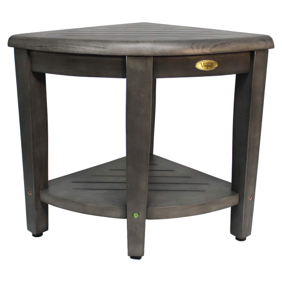 CoastalVogue - SnazzyCorner 18"H Corner Shower Bench With Shelf - Antique Gray