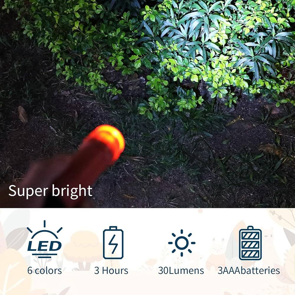 Super bright LED  
6 colors  
3 Hours  
30 Lumens  
3 AAA batteries