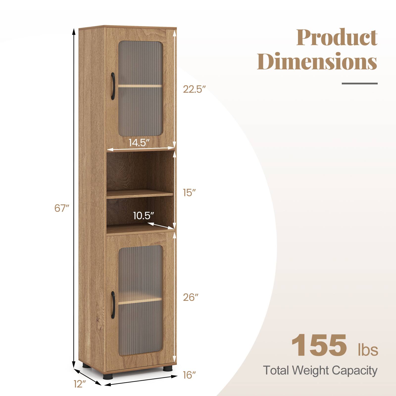 Product Dimensions:  
22.5" x 14.5" x 67" x 10.5" x 15" x 26" x 12" x 16"  
Total Weight Capacity: 155 lbs