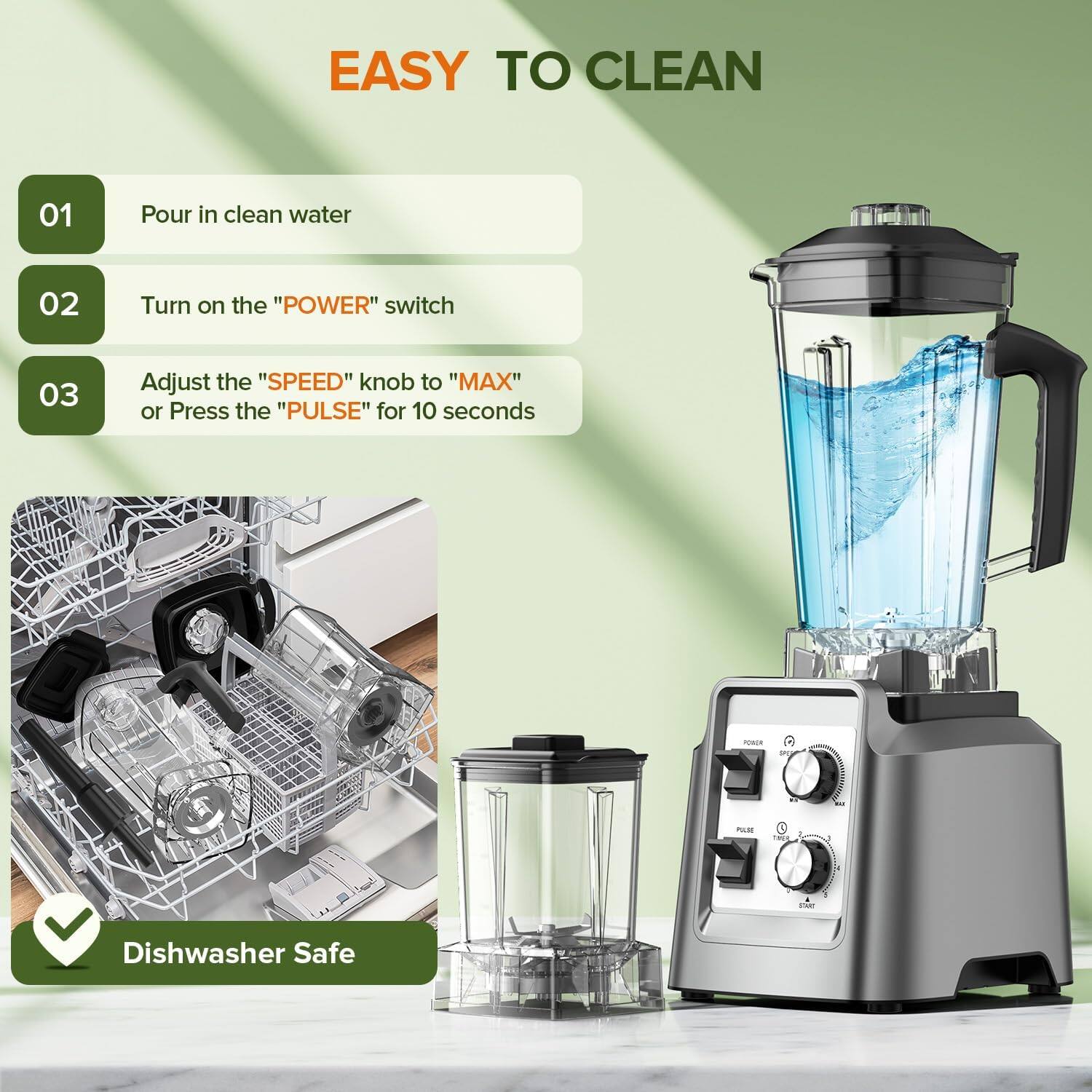 EASY TO CLEAN
01 Pour in clean water
02 Turn on the "POWER" switch
03 Adjust the "SPEED" knob to "MAX" or Press the "PULSE" for 10 seconds

Dishwasher Safe