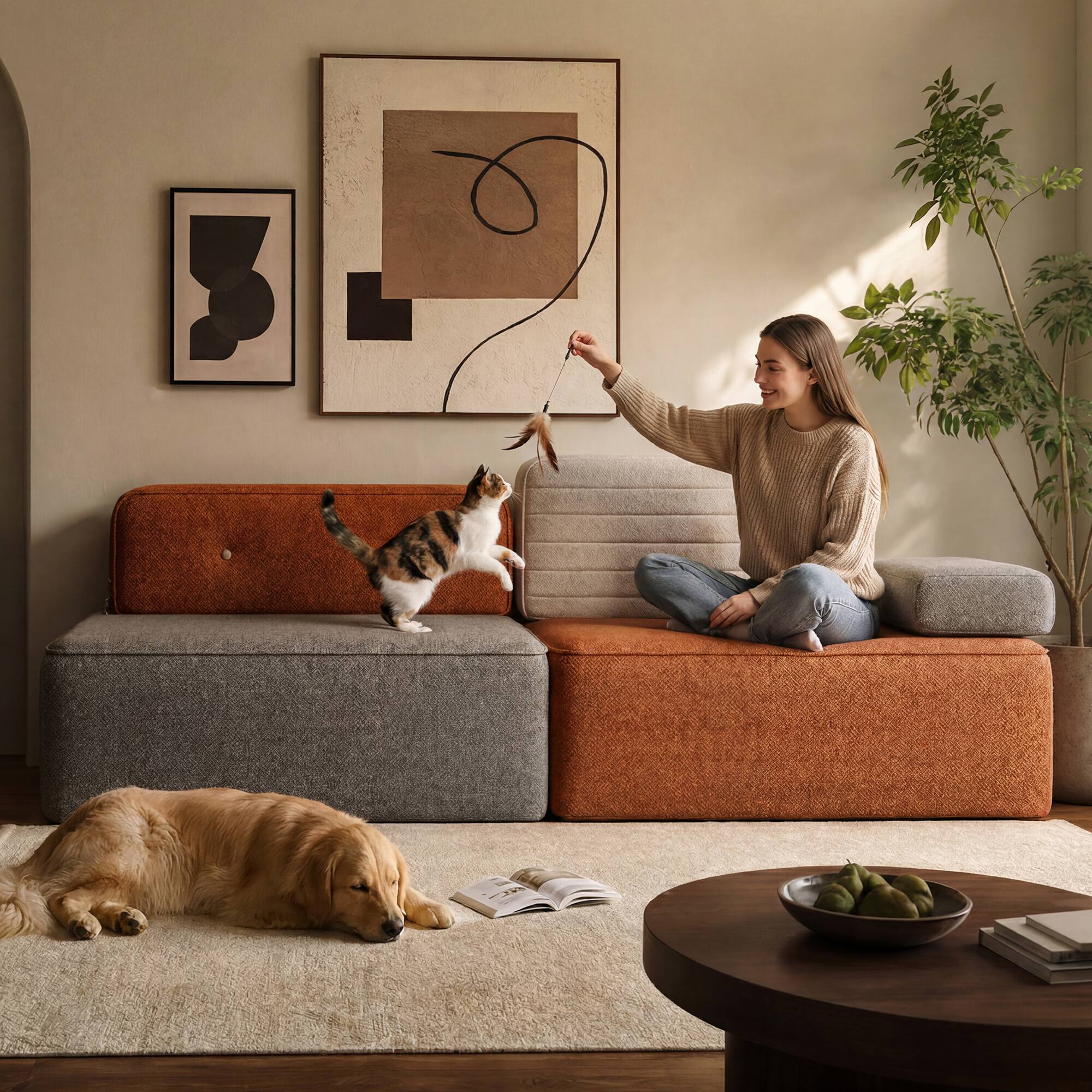 Alt View 1. luck idea - 79.9" Modular Sectional Sofa with Chaise, Modern L-Shaped Fabric Couch, Removable Cushions, Living Room Sofa - grey, orange.