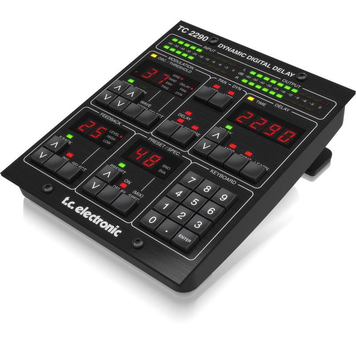 TC 2290 -50 -40 oc- -24 INPUT DYNAMIC OSC. -12 -9 DIGITAL MODULATION -6 3-3 0 dB L DELAY RAND SINE R -60 -50 ENV DELAY PAN 040 -30 OUTPUT V HANDAY TRIG PAN DYN -24 V DYN -18 -12 -9 TIME -6 CORU WAVE DELAY FEEDBACK DELAY DIRECT FRACK 5 HIGH LEVEL LOW PRESET SPEC V HOD INV OVNO 172 SNO LEARN FCT PRESET SVA V KEYBOARD ON 7 V DEI 8 AV (MIX) 4 SPEC 5 9 t.c. 1 6 electronic 0 2 3 ENTER