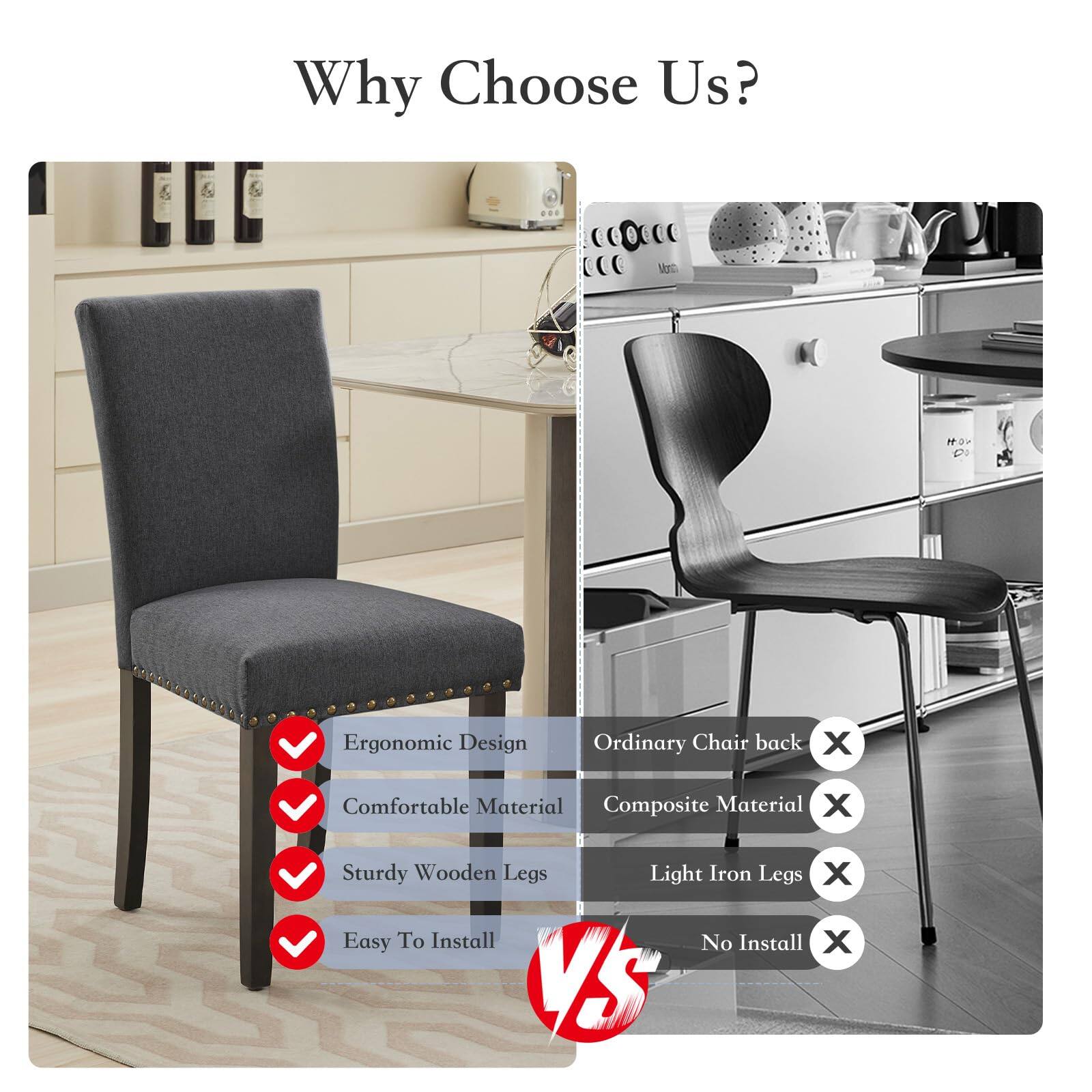 Why Choose Us?

- Ergonomic Design ✔️
- Comfortable Material ✔️
- Sturdy Wooden Legs ✔️
- Easy To Install ✔️

VS

- Ordinary Chair back ❌
- Composite Material ❌
- Light Iron Legs ❌
- No Install ❌