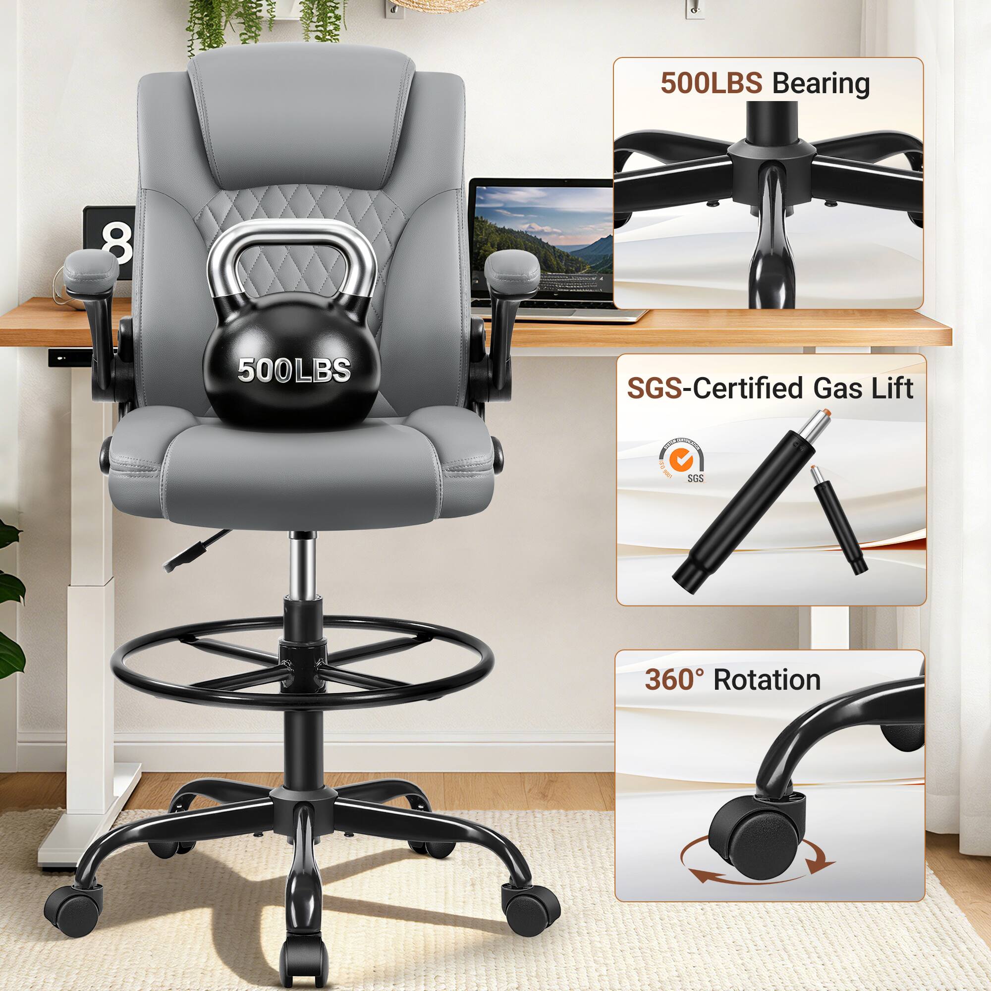 500LBS Bearing  
8  
500LBS SGS-Certified Gas Lift  
360° Rotation