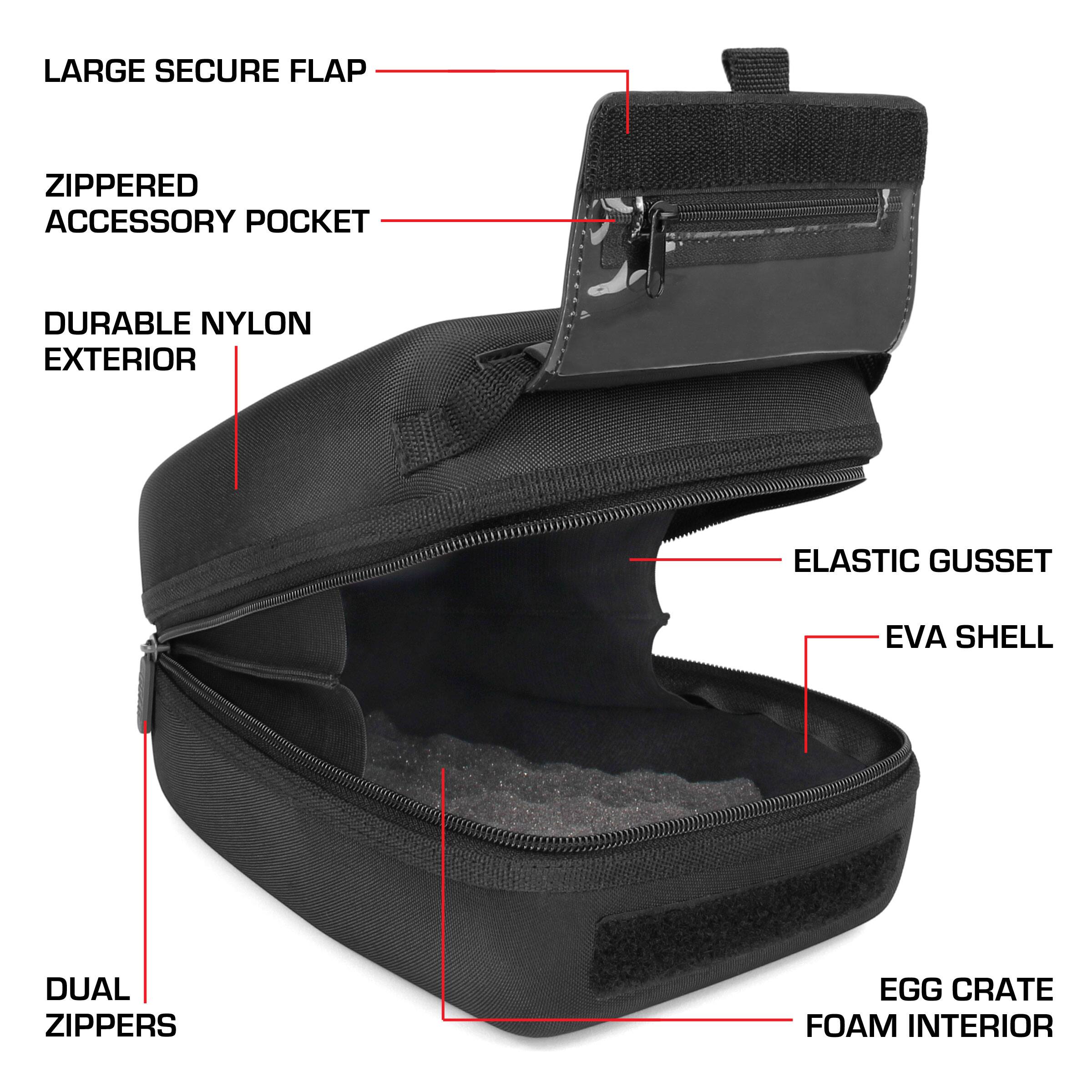 - LARGE SECURE FLAP
- ZIPPERED ACCESSORY POCKET
- DURABLE NYLON EXTERIOR
- ELASTIC GUSSET
- EVA SHELL
- DUAL ZIPPERS
- EGG CRATE FOAM INTERIOR