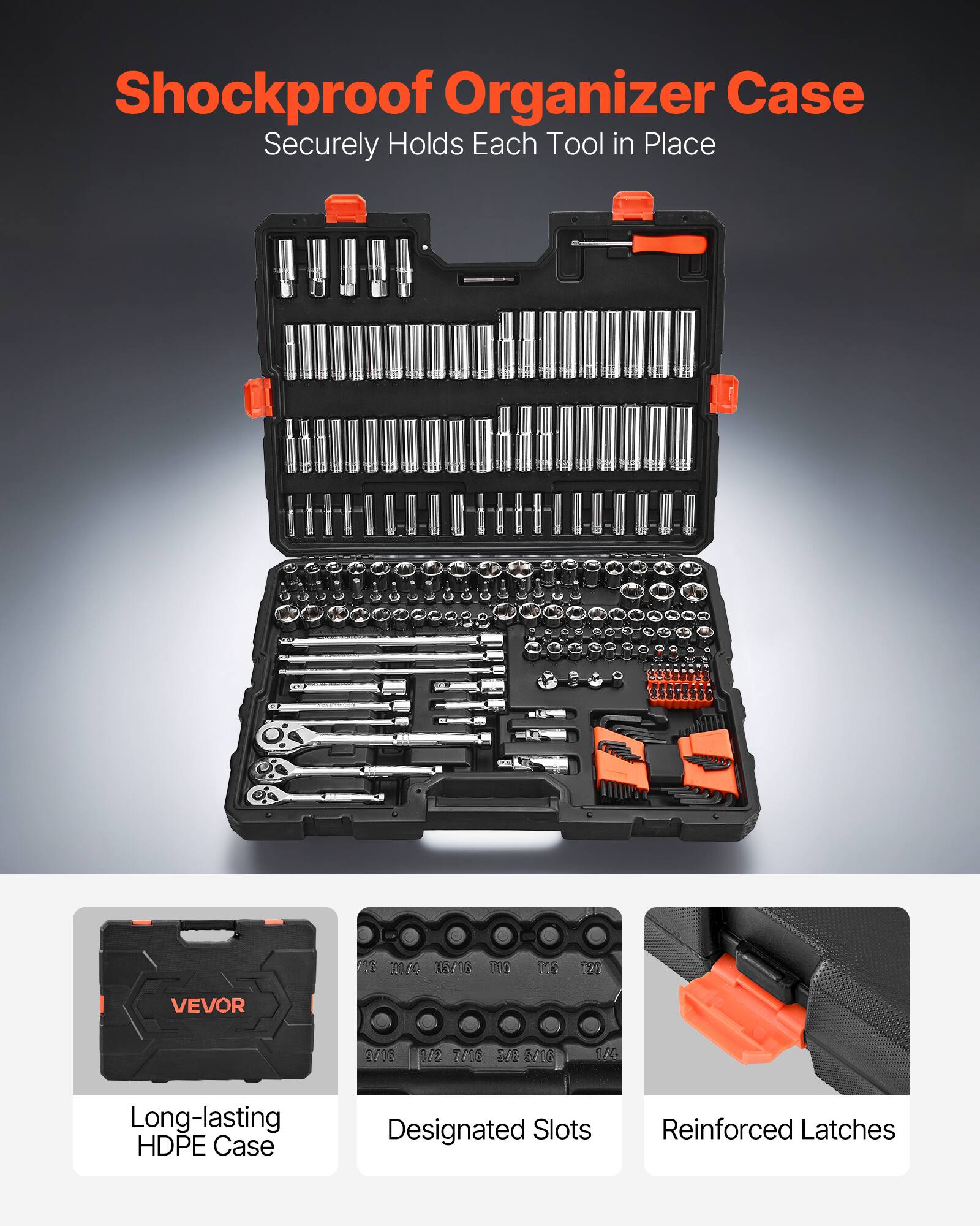 Shockproof Organizer Case  
Securely Holds Each Tool in Place  

Long-lasting HDPE Case  
Designated Slots  
Reinforced Latches