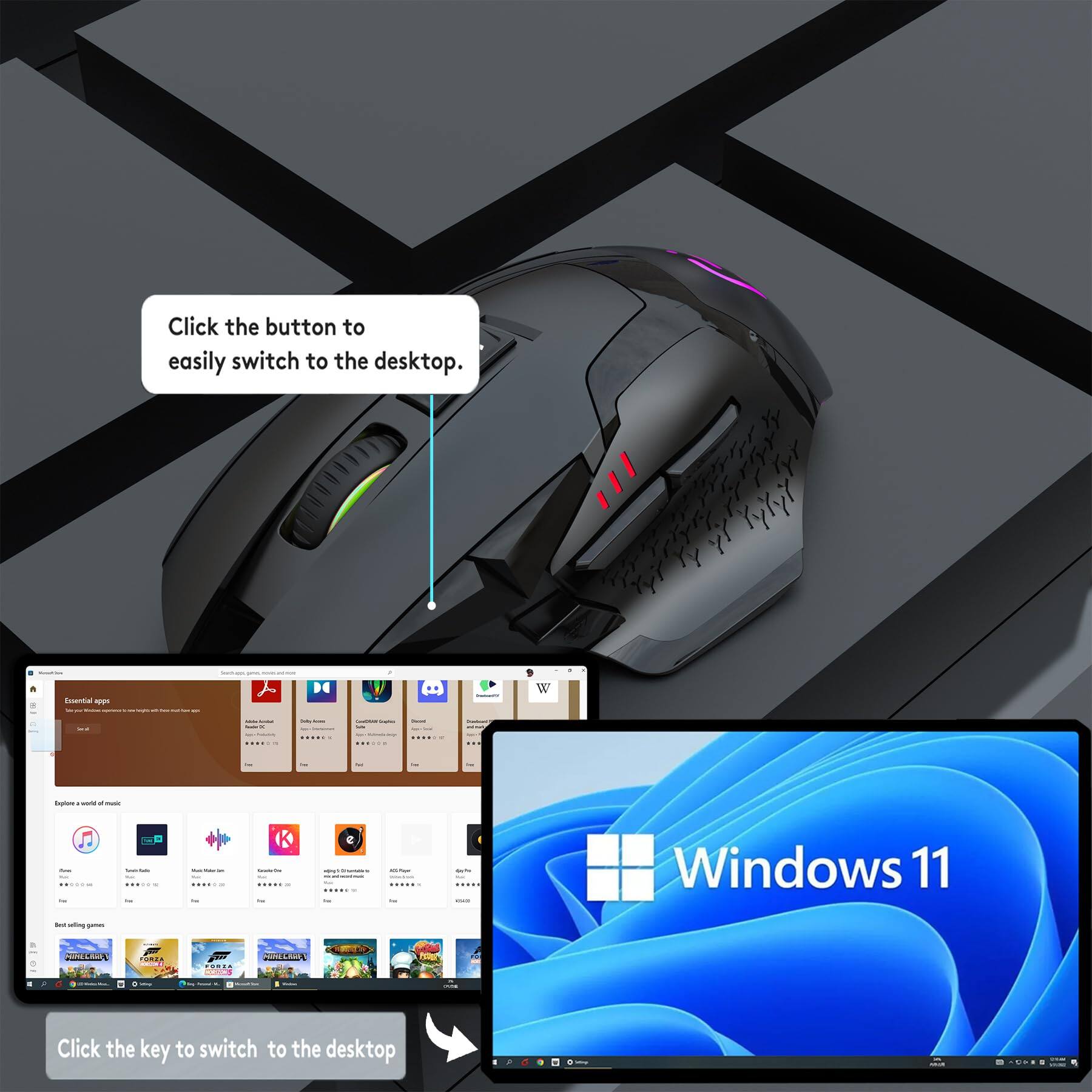 Click the button to easily switch to the desktop.

Click the key to switch to the desktop.

Windows 11