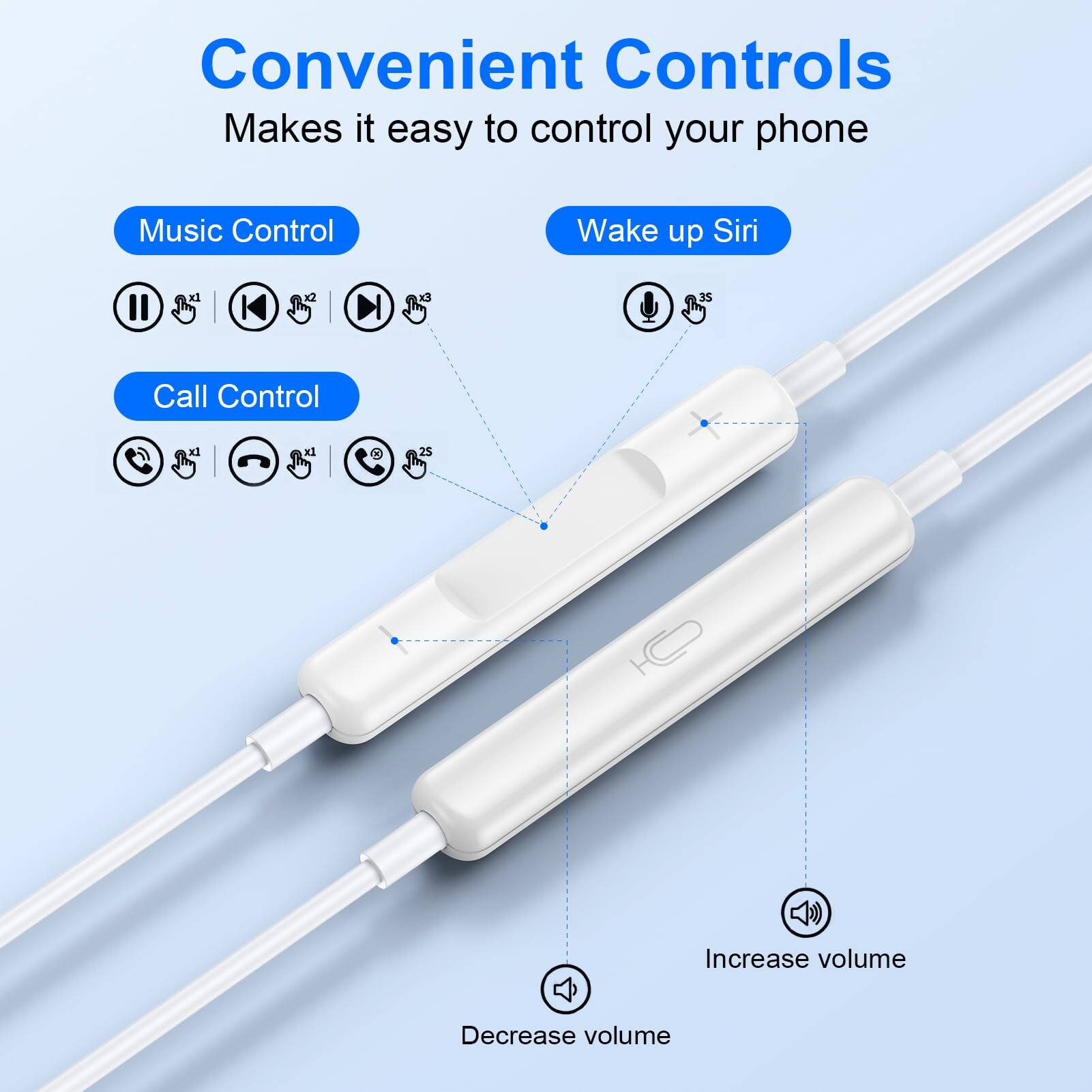 Convenient Controls  
Makes it easy to control your phone

- Music Control
  - Play/Pause
  - Previous
  - Next

- Call Control
  - Answer/End Call
  - Mute

- Wake up Siri

- Increase volume
- Decrease volume