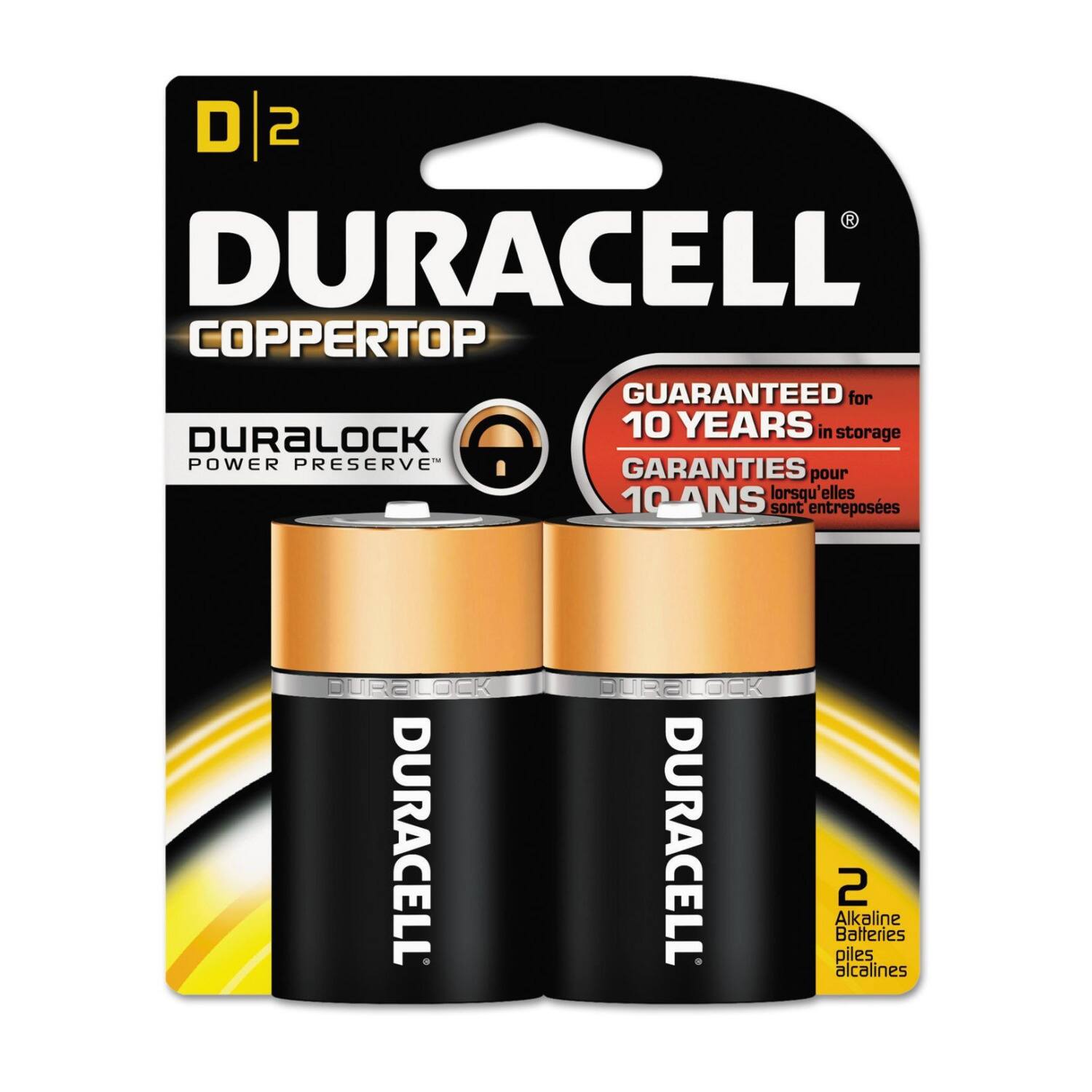 DURACELL COPPERTOP  
DURALOCK POWER PRESERVE  
GUARANTEED for 10 YEARS in storage  
GARANTIES pour 10 ANS lorsqu'elles sont entreposées  
2 Alkaline Batteries  
Batteries alcalines