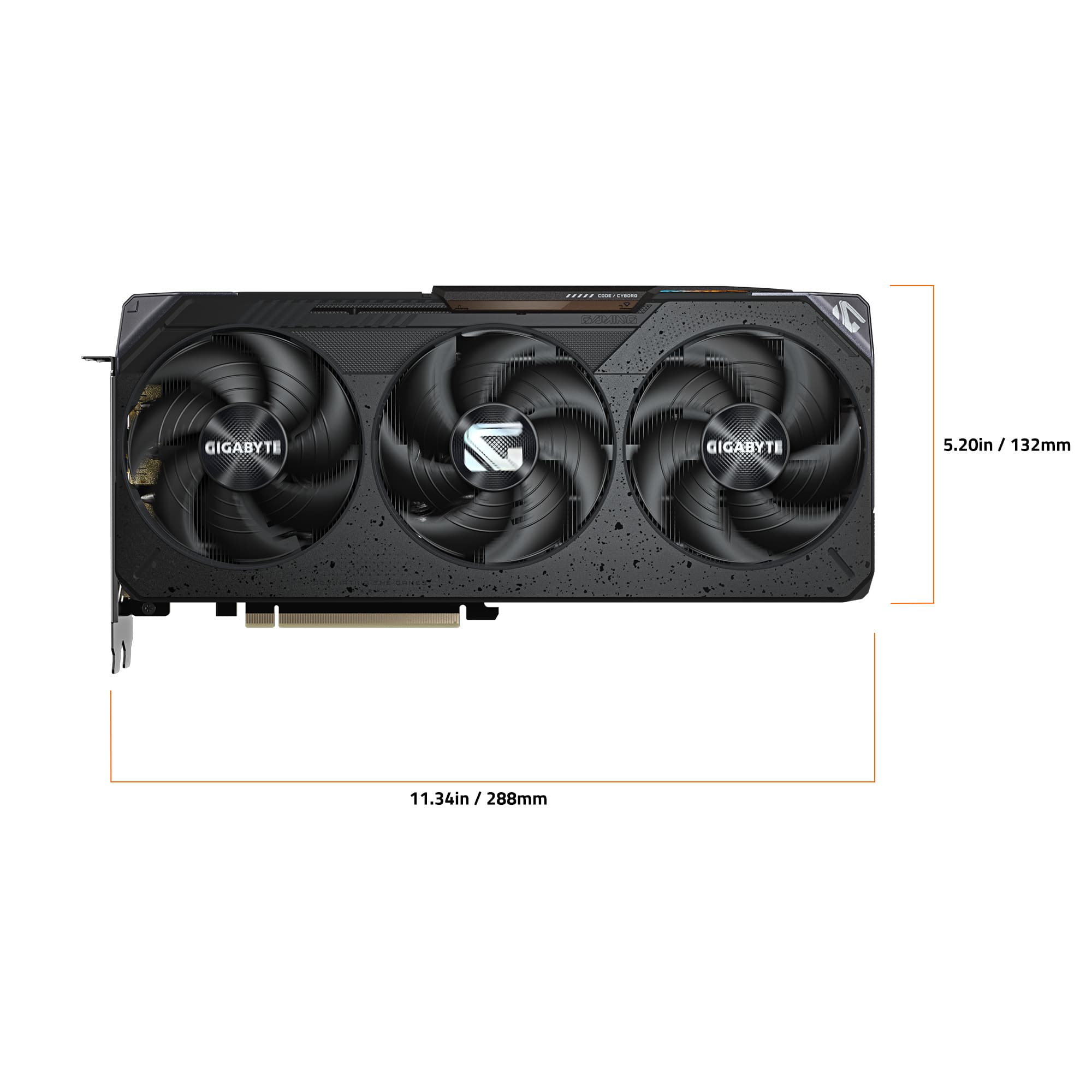 The image features a Gigabyte branded computer fan with three fans on it. The fan is designed to be 5.20 inches in length and 11.34 inches in width.