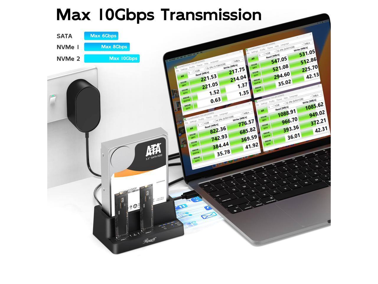 Max 10Gbps Transmission  
SATA Max 6Gbps  
NVMe I Max 8Gbps  
NVMe 2 Max 10Gbps  

Read (MB/s)  
- 547.05  
- 521.08  
- 294.60  
- 221.53  
- 214.04  
- 221.05  
- 35.02  
- 1.37  
- 1.52  
- 1.35  
- 0.63  

Write (MB/s)  
- 531.86  
- 225.70  
- 42.13  
- 217.75  
- 369.59  
- 36.01  
- 384.44  
- 41.92  
- 35.78  

SATA & NVMe
