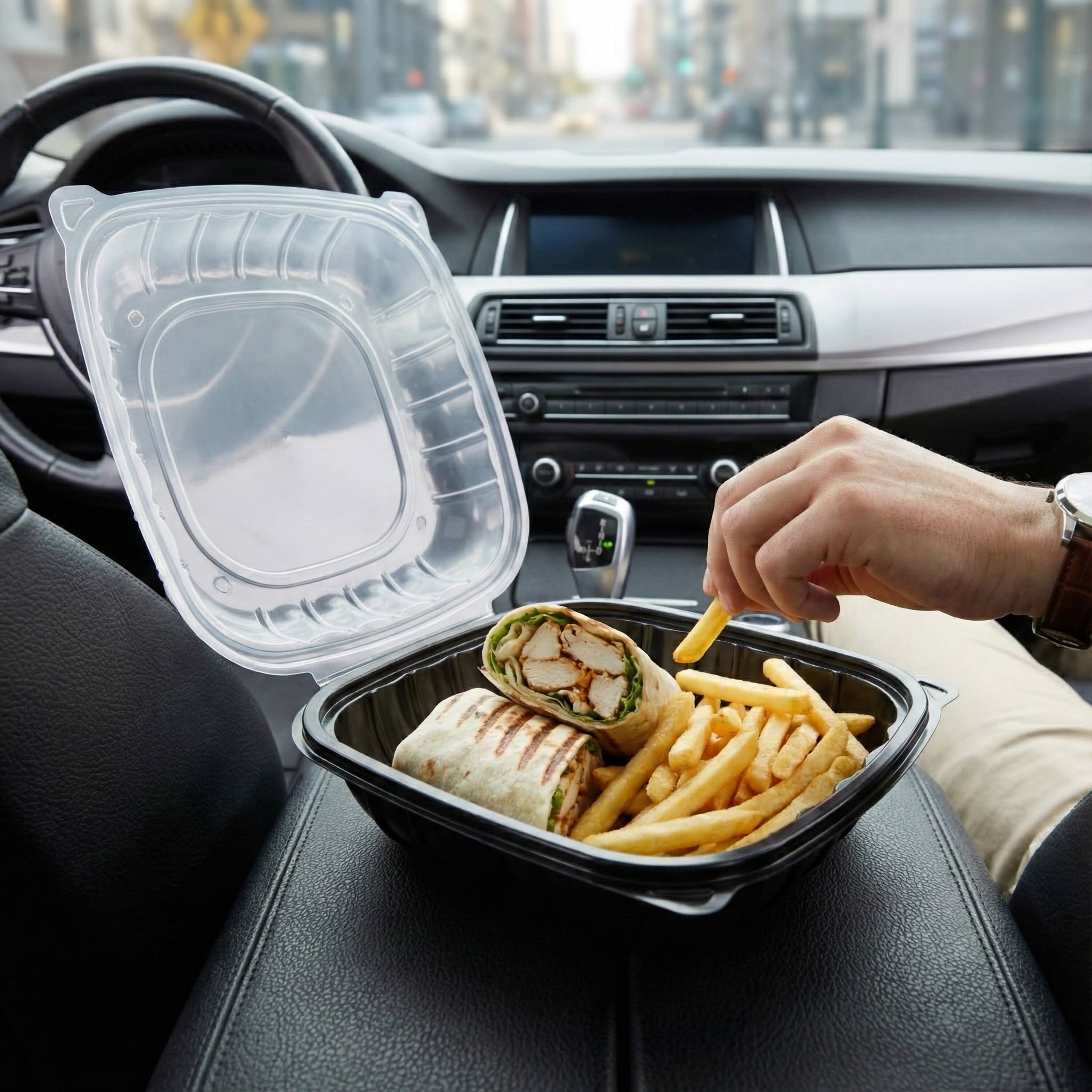 Alt View 4. Eco Harmony Products - Hinged Container (PP) Four Vents, Duo-Colored, 9" x 6", 150-Pack - Black.