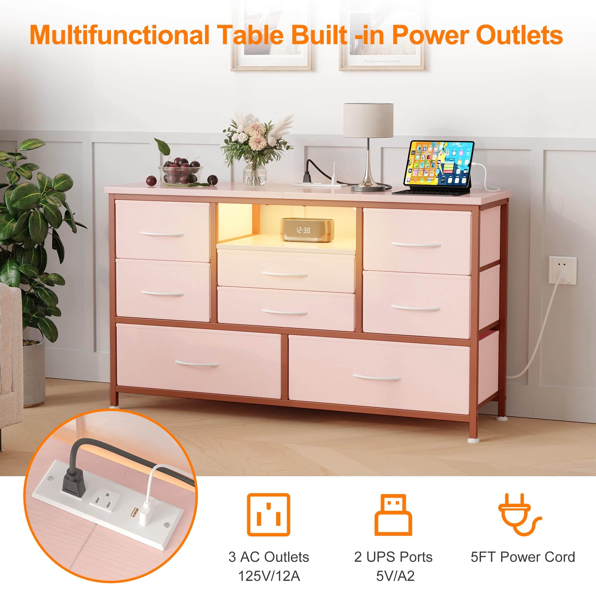 Qeetex - 8 Drawer LED TV Stand with Power Outlet, Media Console for 55-Inch TVs, 22 Color Lighting Modes Storage Cabinet - Pink