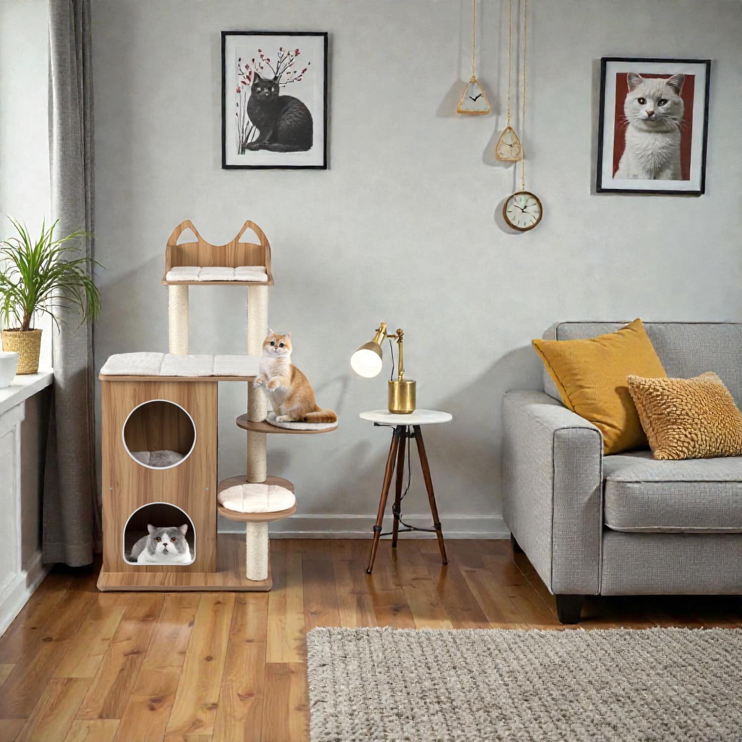 BreeBe - 48" Wood Cat Tower with Two-Level Condo and Removable Cushions - Natural