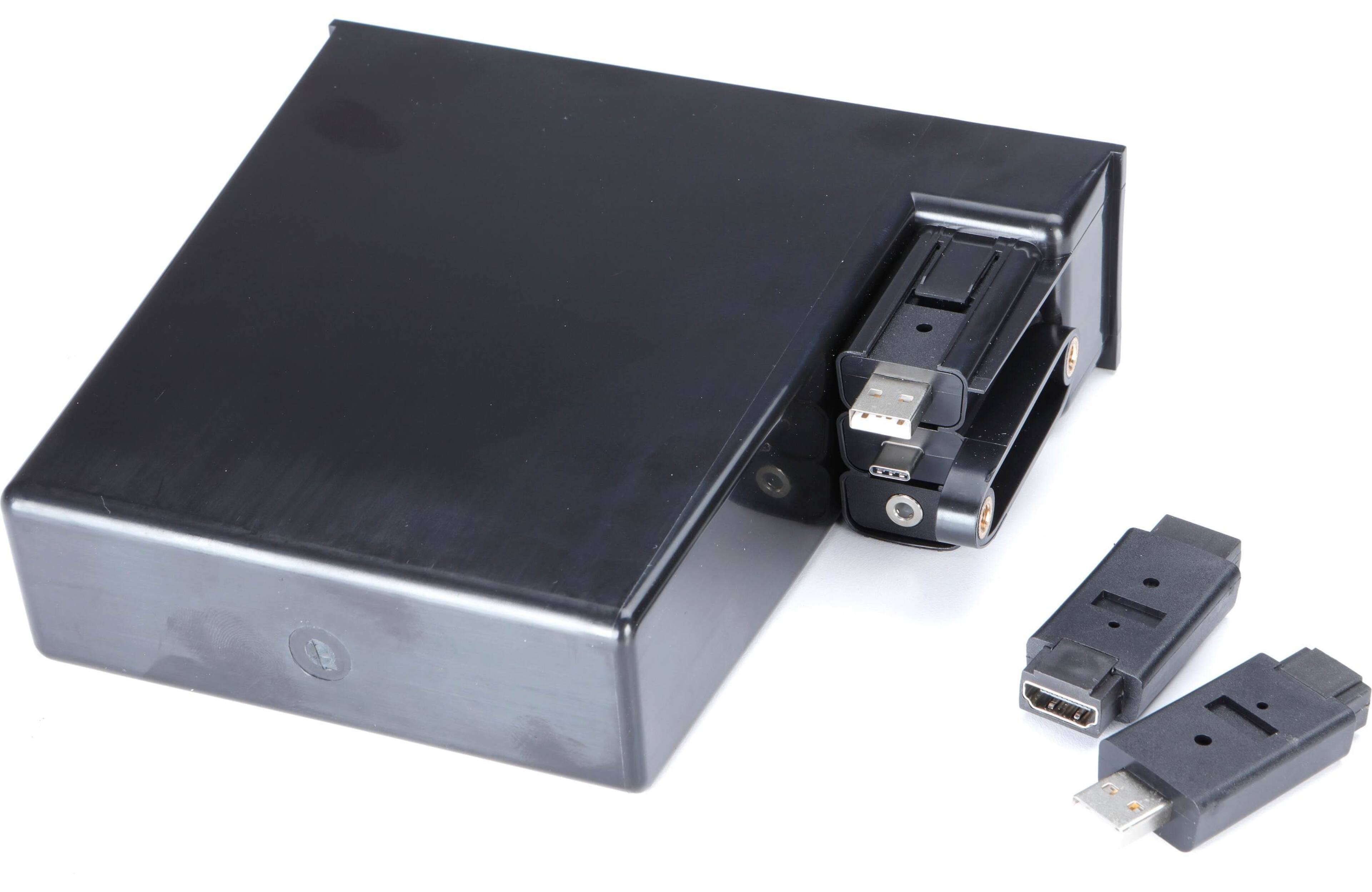 Left. Maestro - Universal Single-DIN Dash Pocket with Modular Media Pass-Thrus - Black.