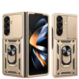 Dteck - Ring Stand Cover for Samsung Galaxy Z Fold 8 Ultra with Slide Lens Protection, Magnetic Car Mount Holder PC TPU Cover - Gold