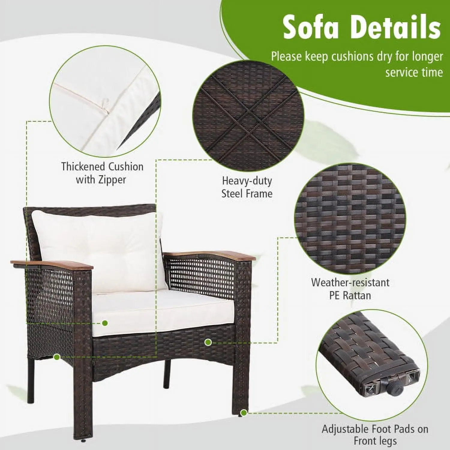 Sofa Details  
Please keep cushions dry for longer service time  
- Thickened Cushion with Zipper  
- Heavy-duty Steel Frame  
- Weather-resistant PE Rattan  
- Adjustable Foot Pads on Front legs