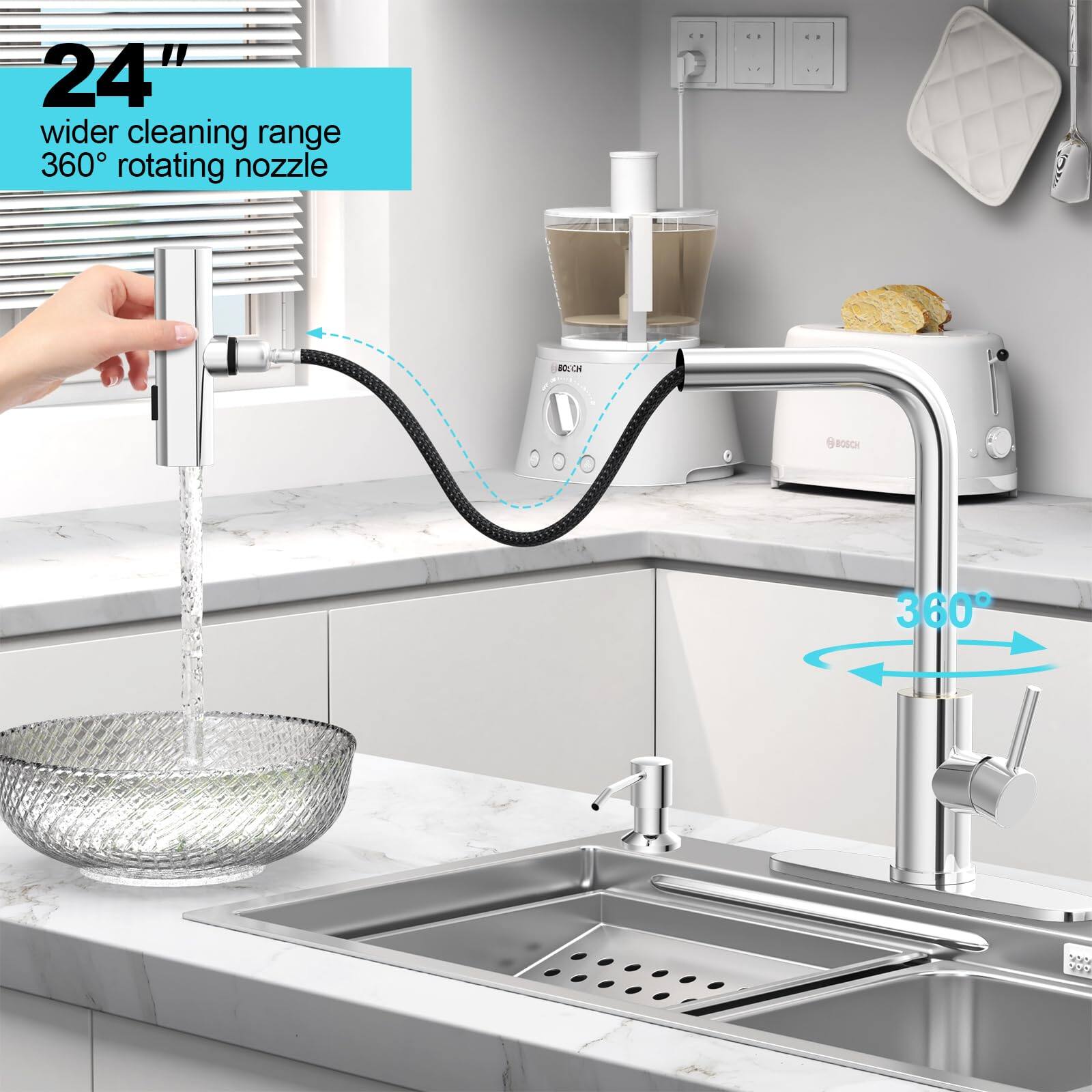24" wider cleaning range  
360° rotating nozzle  

360°