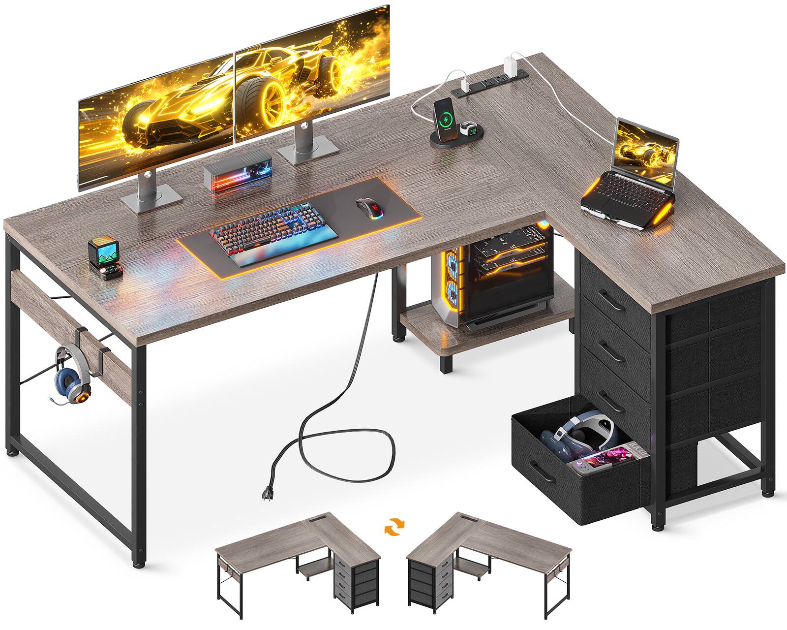 AODK Reversible L Shaped Desk with 4 Tier Drawers, Power Outlets