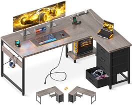 AODK - Reversible L-Shaped Desk with 4-Tier Drawers, Power Outlets, USB Charging Port and Host Stand - Grey Oak