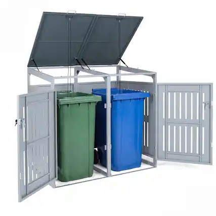 Front. Costway - Costway Trash Can Storage Shed for 2 Bins with Gas Struts, Shock Absorbers, Lockable Doors - Gray.