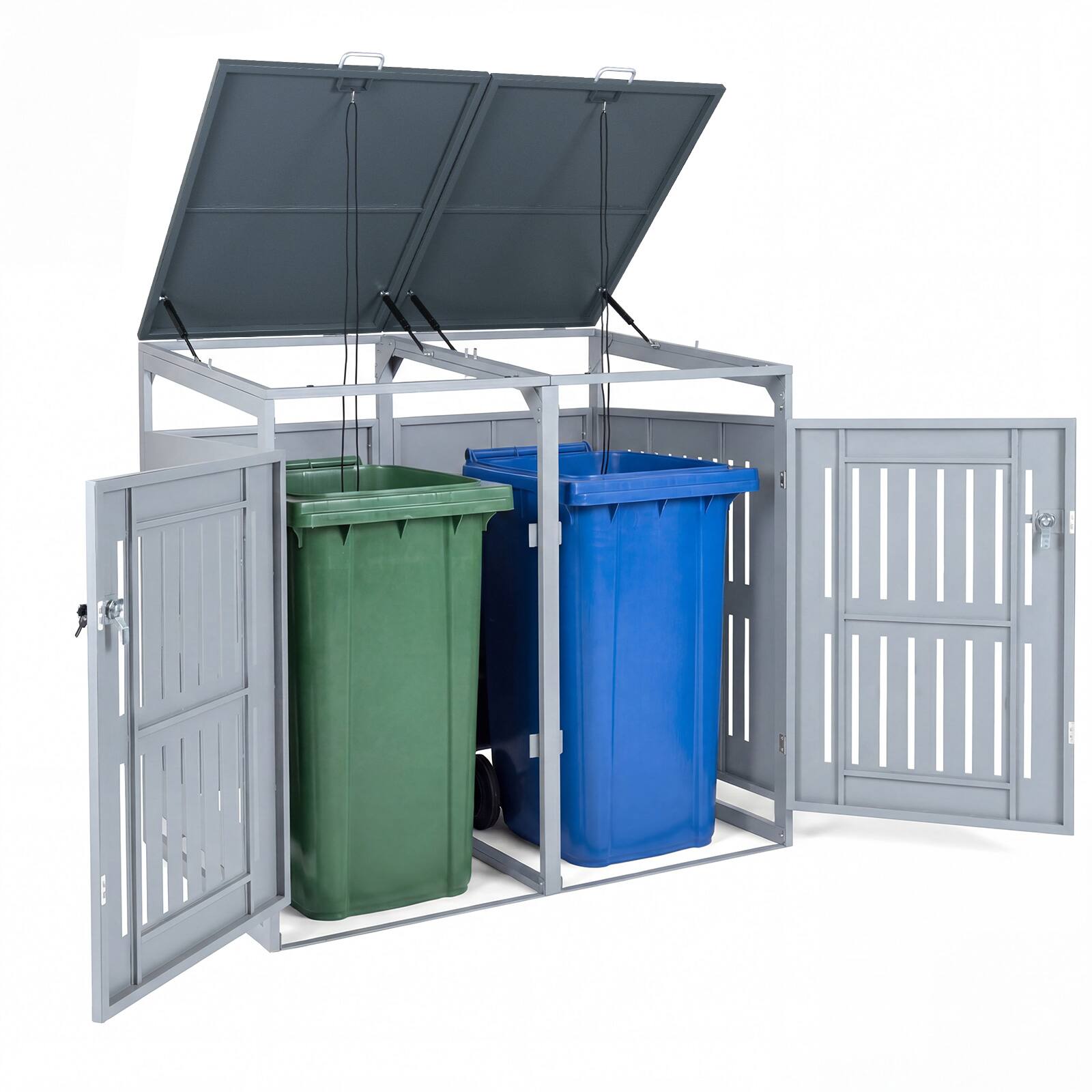 Front. Costway - Costway Trash Can Storage Shed for 2 Bins with Gas Struts, Shock Absorbers, Lockable Doors - Gray.