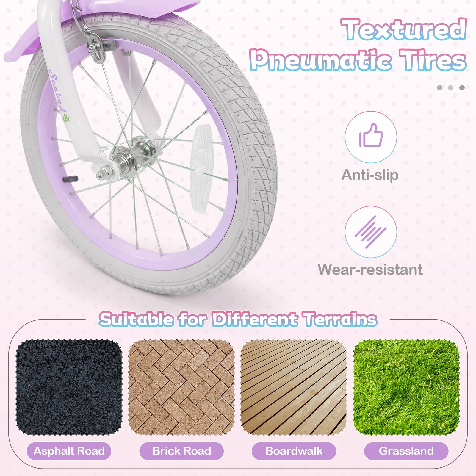 Sealed Textured Pneumatic Tires  
Anti-slip  
Wear-resistant  
Suitable for Different Terrains  
Asphalt Road  
Brick Road  
Boardwalk  
Grassland