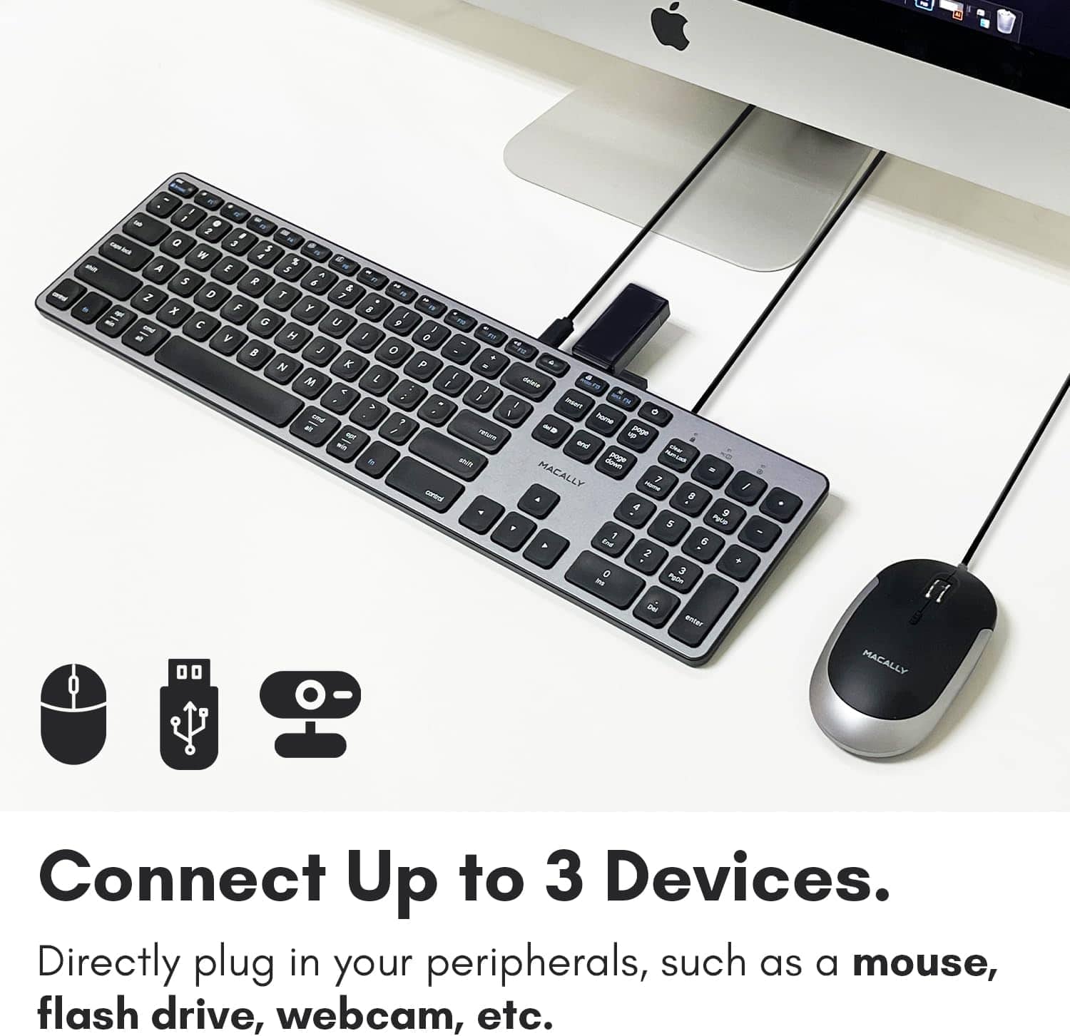 Macally Premium Wired USB C Keyboard with USB Ports (2X USB A |1x