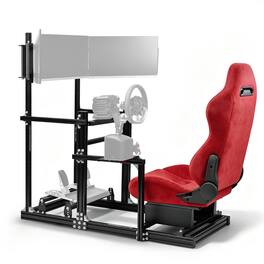 Dardoo - 3060 Aluminum Racing Simulator Cockpit with Red Suede Seat and Monitor Stand - Red & Black