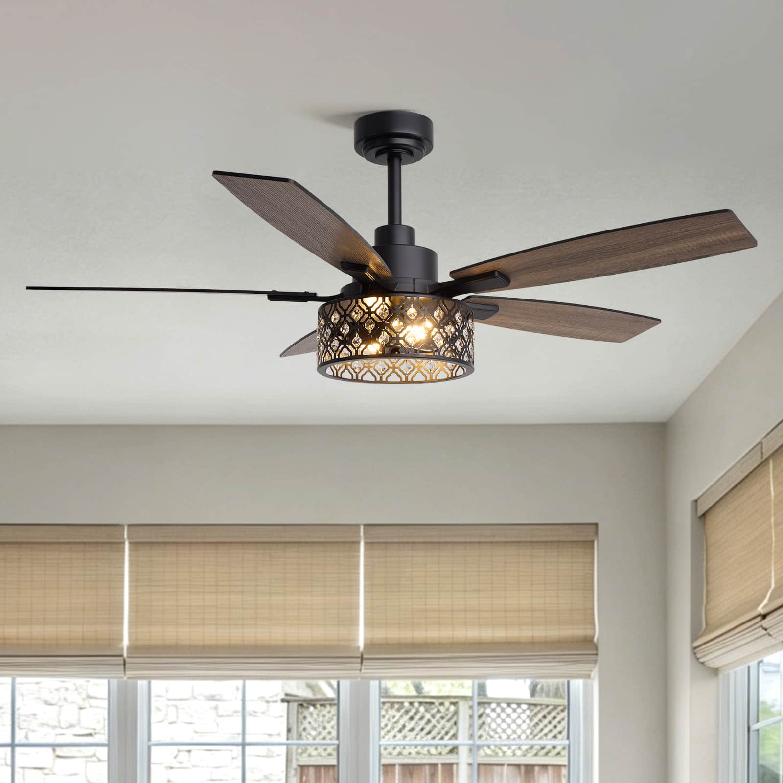 Siljoy - 52-inch Modern Crystal Ceiling Fan Light Remote APP Control Suitable for Bedroom Living Room - Matte Black