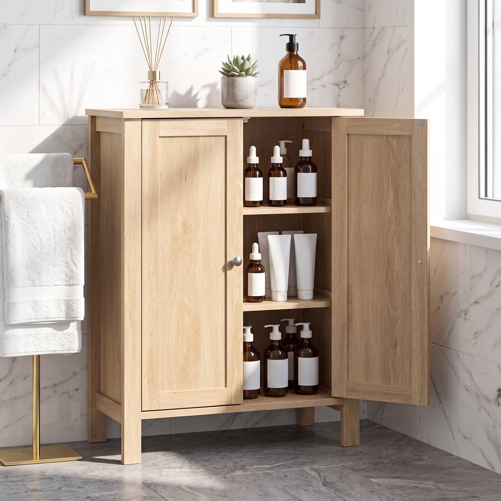 Alt View 7. Winado - Wooden Storage Floor Cabinet Freestanding Cabinet with 3 Shelves Rack Organizer for Bathroom Kitchen Pantry - Natural.