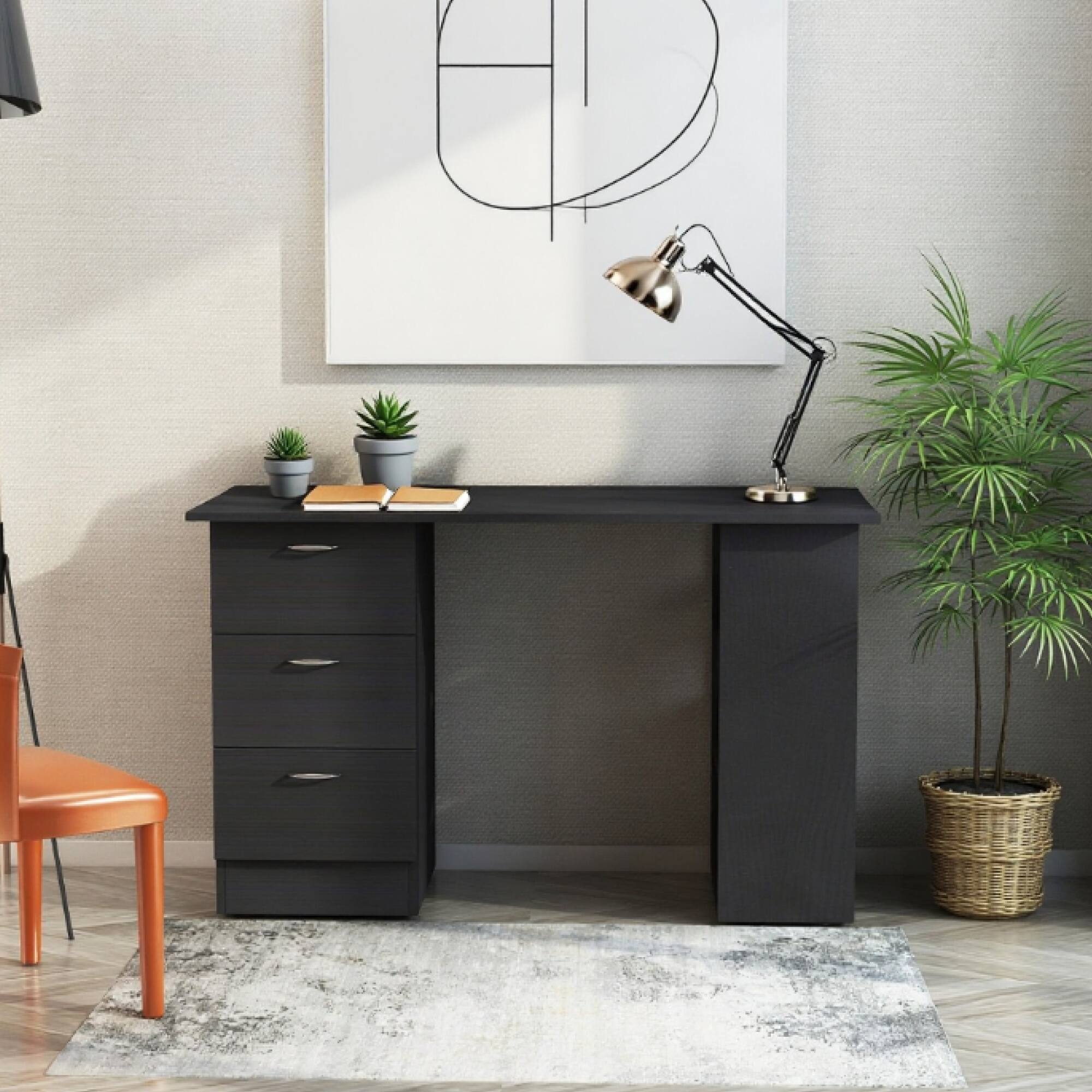 Front. GOODSILO - Modern Home Office Computer Desk with Bookshelf Storage and Drawers - Space Saving Workstation for Small Spaces - Black.