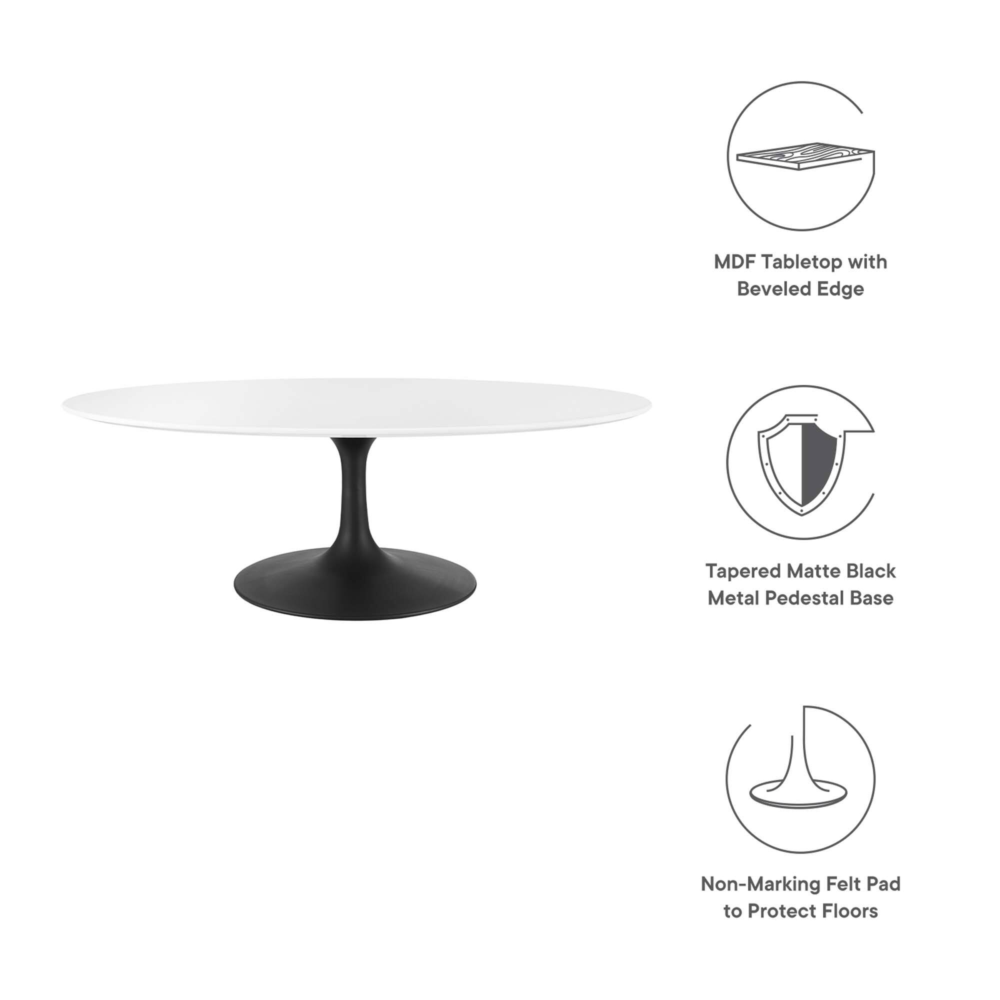MDF Tabletop with Beveled Edge  
Tapered Matte Black Metal Pedestal Base  
Non-Marking Felt Pad to Protect Floors