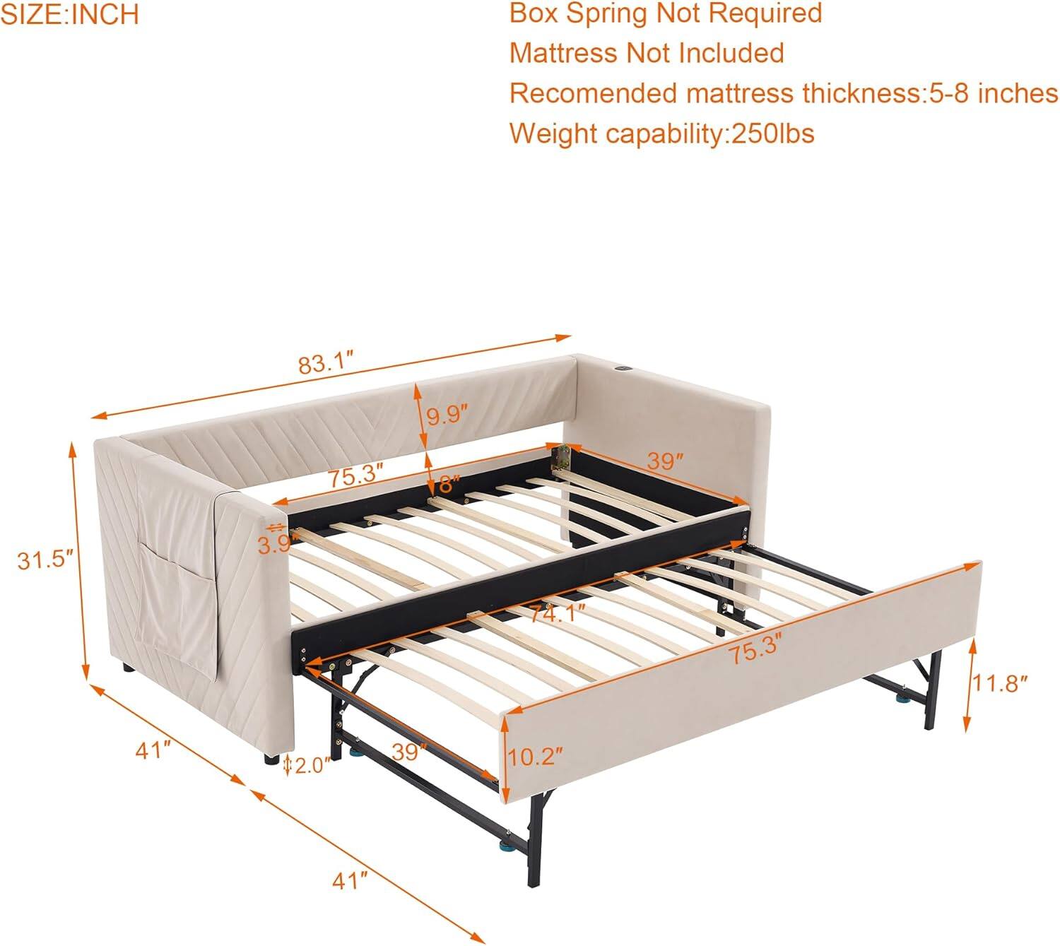 **SIZE: INCH**

- Box Spring Not Required
- Mattress Not Included
- Recommended mattress thickness: 5-8 inches
- Weight capability: 250lbs

**Dimensions:**
- Length: 83.1"
- Width: 75.3"
- Height: 9.9"
- Depth: 39"
- Side Rail Height: 3.9"
- Footboard Height: 11.8"
- Footboard Width: 74.1"
- Footboard Depth: 75.3"
- Leg Height: 2.0"
- Overall Height: 10.2"
