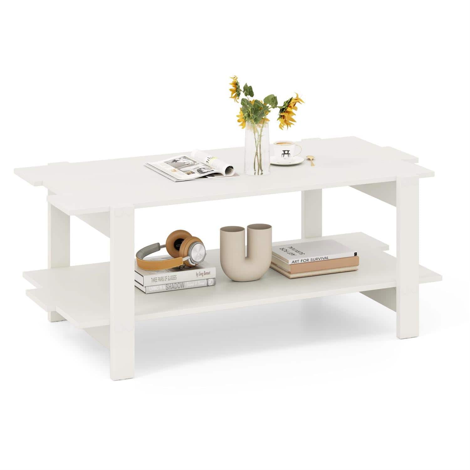 Pefilos - 2-Tier Coffee Table, Slatted Wood Tabletop, Open Storage Shelf, Crossbar Reinforced Frame - White