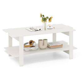 Pefilos - 2-Tier Coffee Table, Slatted Wood Tabletop, Open Storage Shelf, Crossbar Reinforced Frame - White