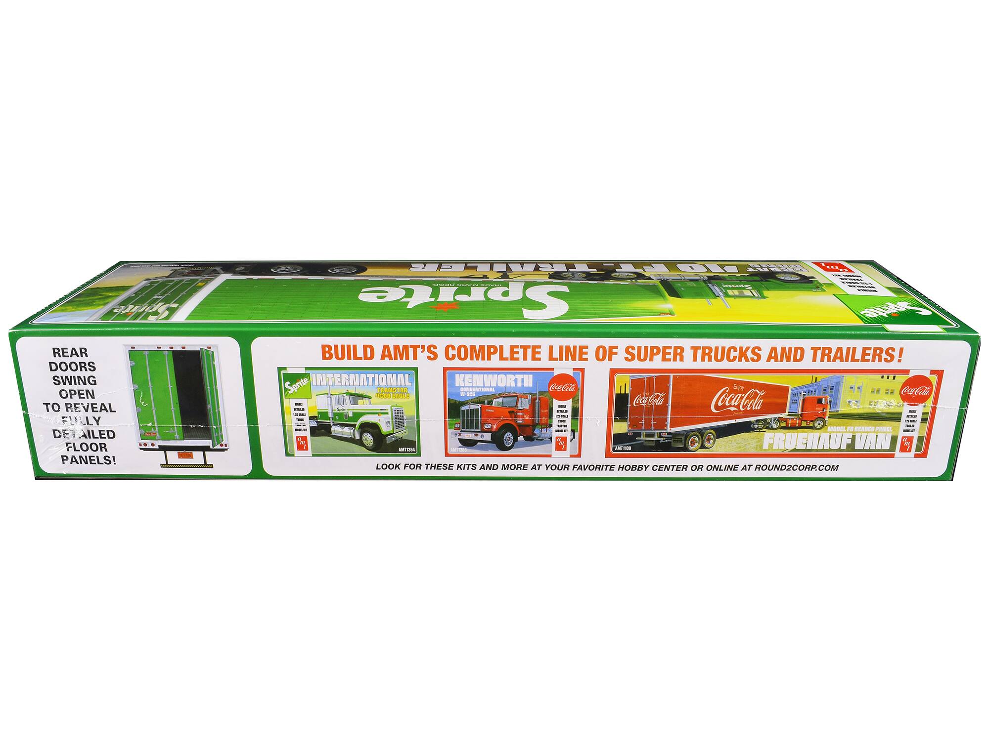 - REAR DOORS SWING OPEN TO REVEAL FULLY DETAILED FLOOR PANELS!
- BUILD AMT'S COMPLETE LINE OF SUPER TRUCKS AND TRAILERS!
- Sprite INTERNATIONAL
- Sprite KENWORTH
- Sprite Coca-Cola
- Sprite FRUEHAUF VAN
- LOOK FOR THESE KITS AND MORE AT YOUR FAVORITE HOBBY CENTER OR ONLINE AT ROUND2CORP.COM