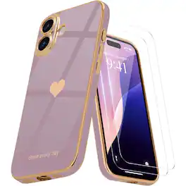 Entronix - iPhone 16 Bundle: Stylish Glossy Heart Case with 2 Clear Screen Protectors - Purple