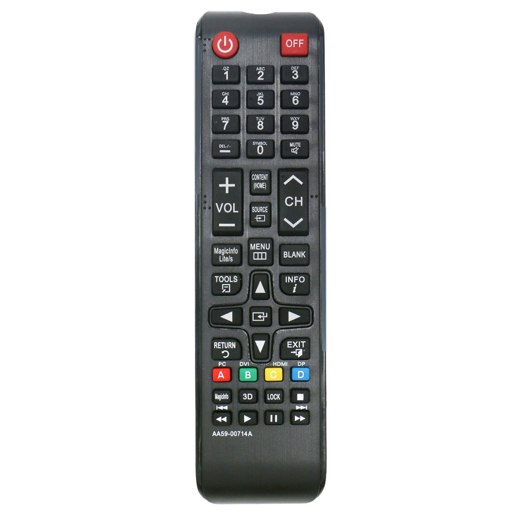 OFF  
1 ABC 2 DEF 3 GHI 4 JKL 5 MNO 6 PQR 7 TUV 8 WXY 9 0 SYM MUTE  
VOL + VOL -  
CH + CH -  
MENU BLANK  
TOOLS INFO  
RETURN EXIT  
PC DVI A B C D  
Magicinfo Litels  
3D LOCK  
Magicinfo  
AA59-00714A