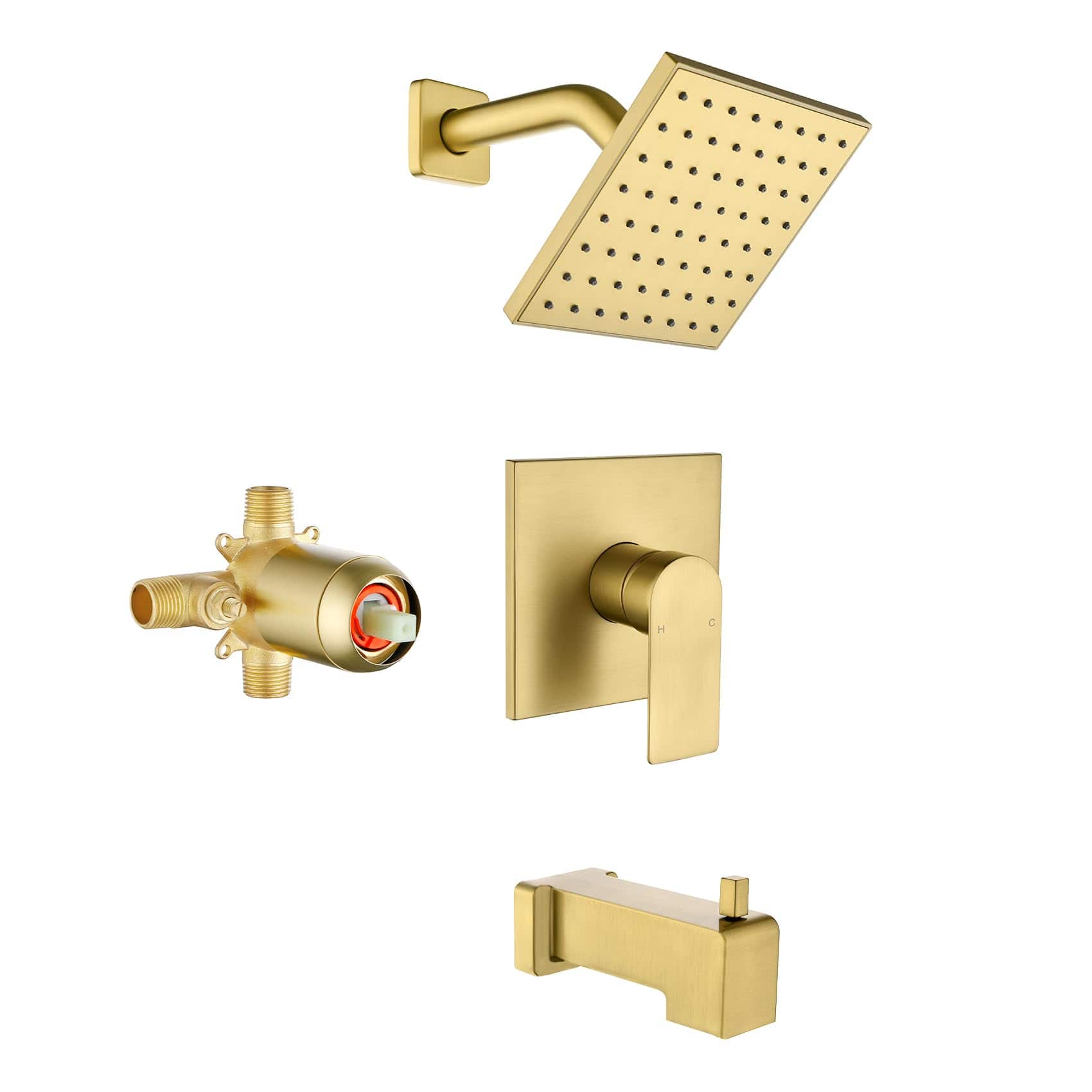 Paradigms Interiors - Brushed Shower Faucet Set With Tub Spout Rain Head And Fixtures Trim Kit - Brushed Gold-With Shower Head